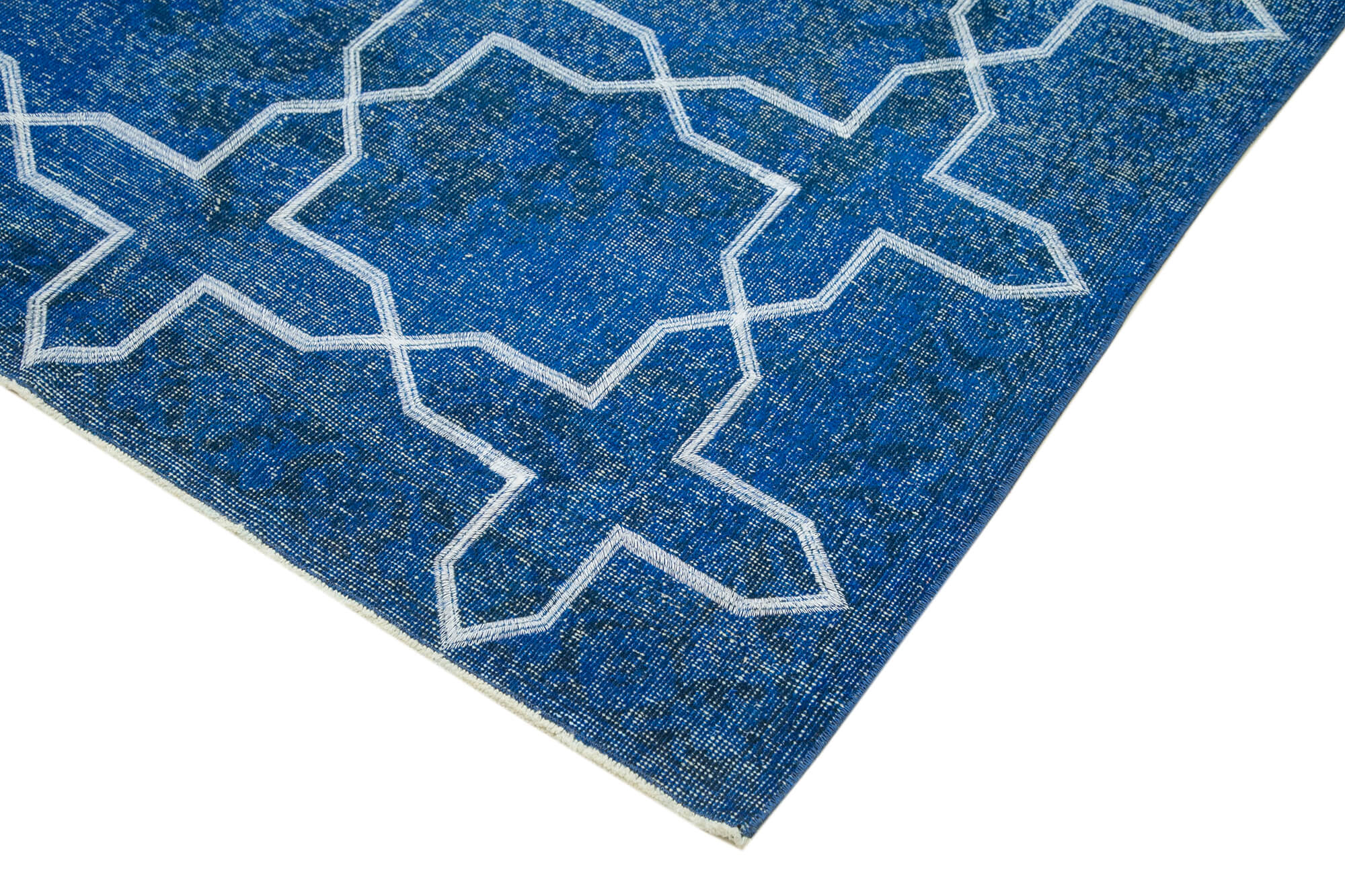 Handmade Wool Area Rug - Blue Geometric Rug with Soft Wool Texture, Durable Cotton Carpet 4'9''x13'2''
