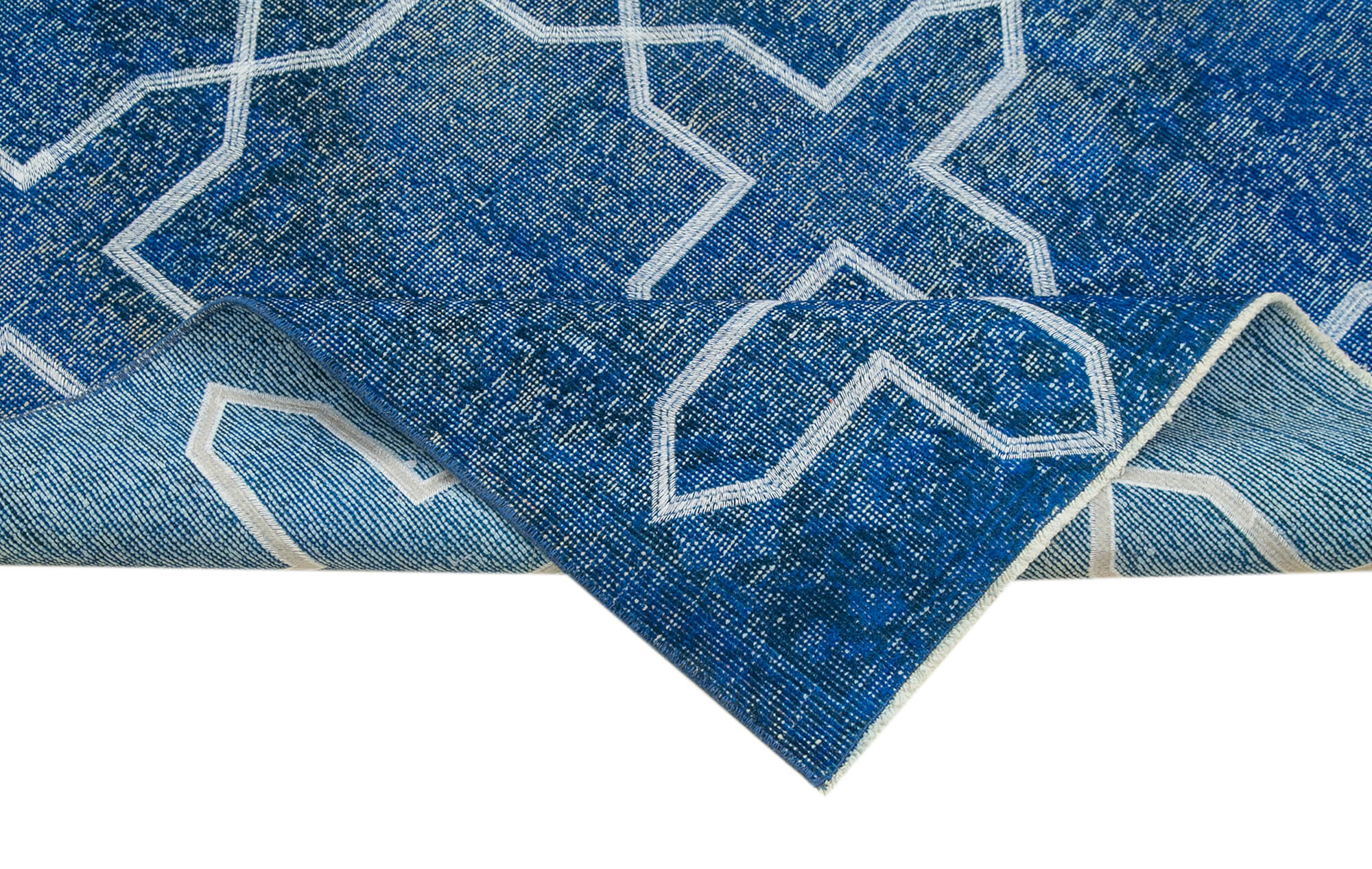 Handmade Wool Area Rug - Blue Geometric Rug with Soft Wool Texture, Durable Cotton Carpet 4'9''x13'2''