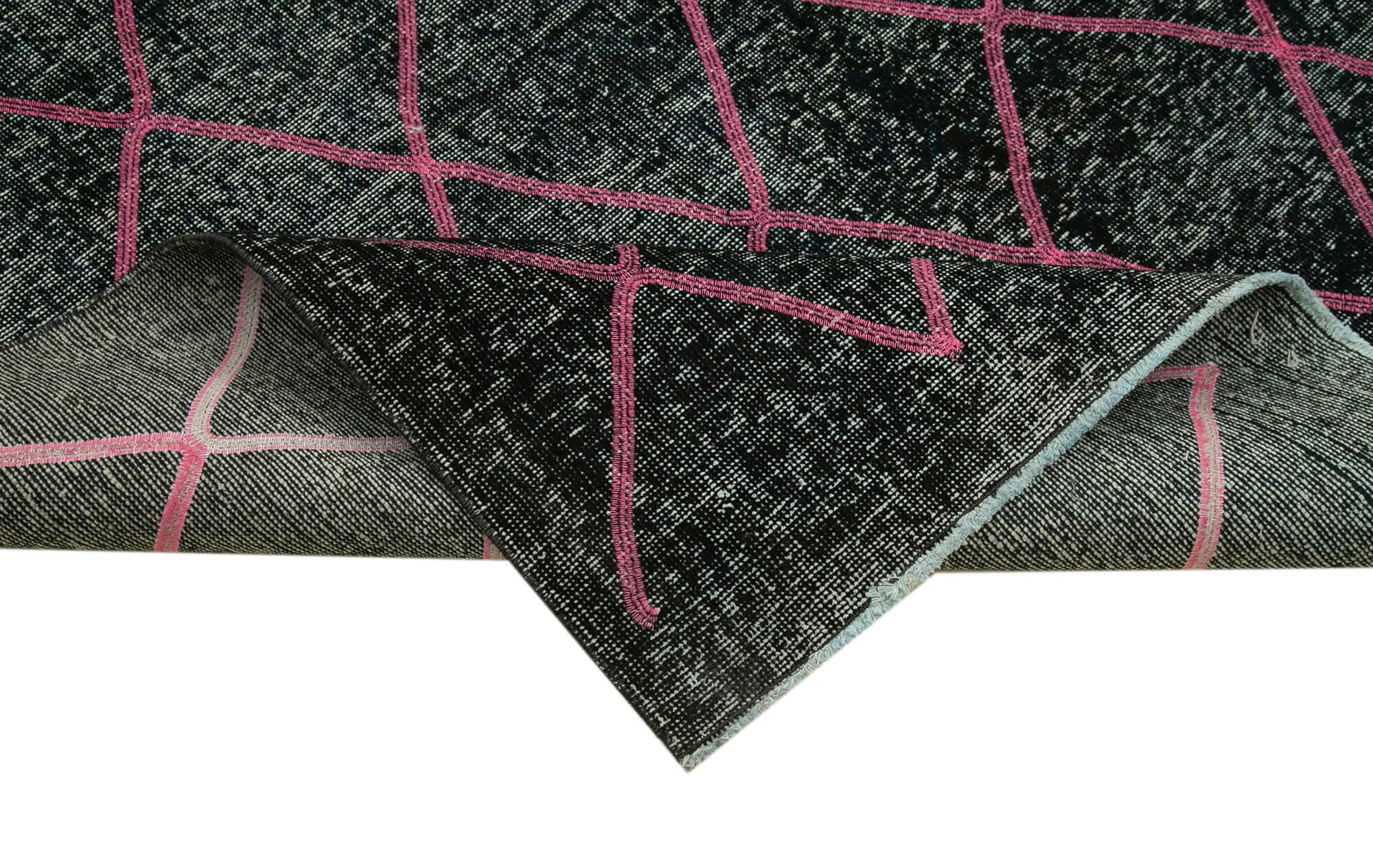 Handmade Geometric Rug – Black Cotton Wool Carpet 4'10''x11'7'' with Modern Design
