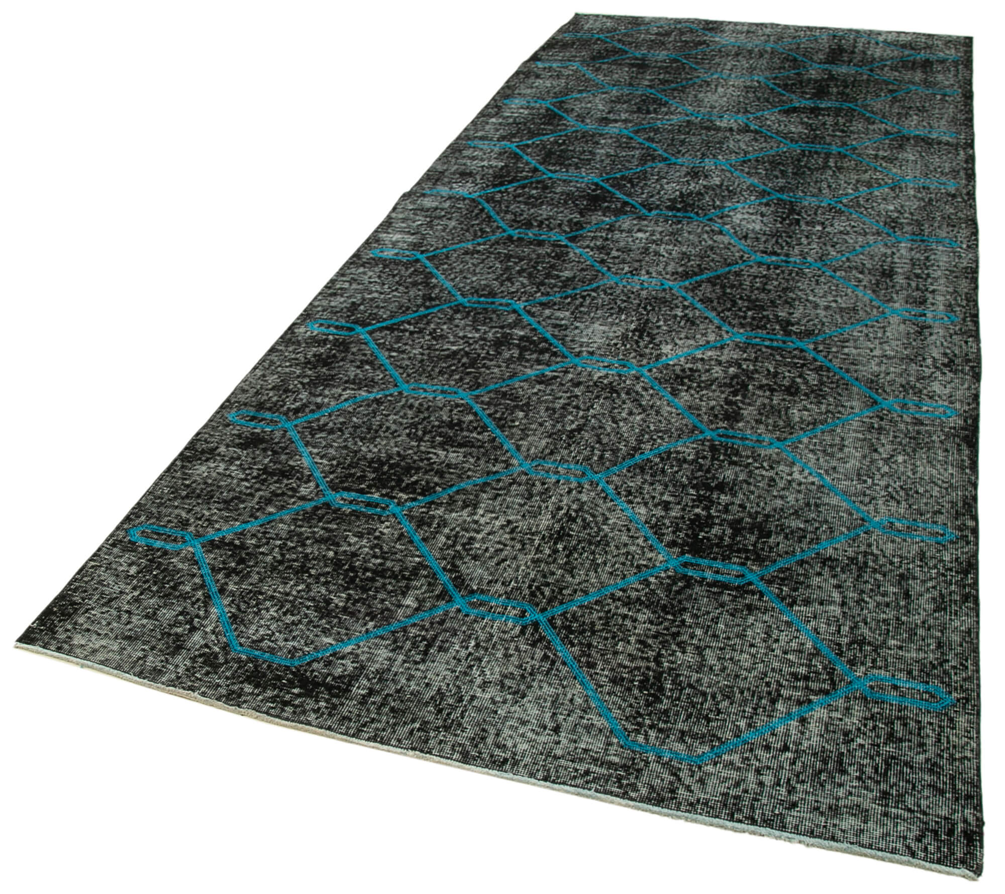 Handmade Wool Area Rug – Black Geometric Carpet, Cotton Wool Rug 4'9''x12'8''