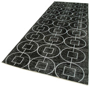 Handmade Geometric Rug – Black Cotton Wool Area Rug 4'6" x 12'10" | Vintage Turkish Carpet