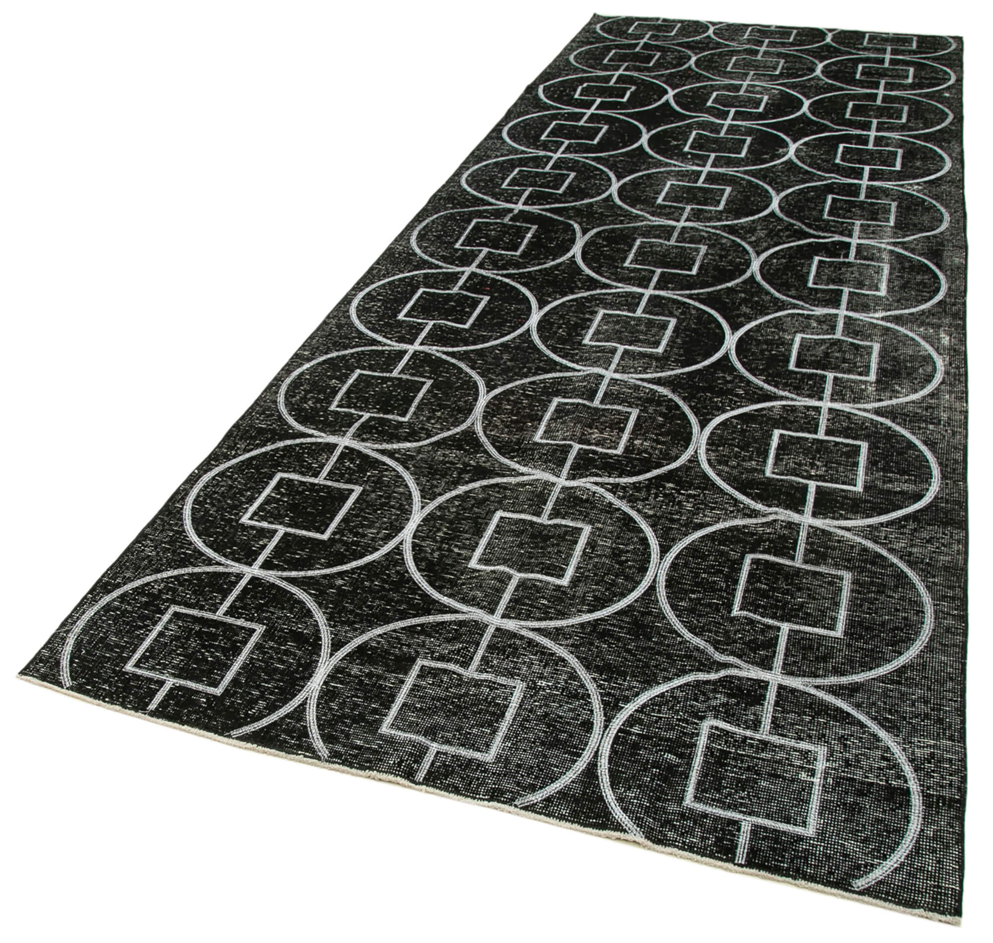 Handmade Geometric Rug – Black Cotton Wool Area Rug 4'6" x 12'10" | Vintage Turkish Carpet