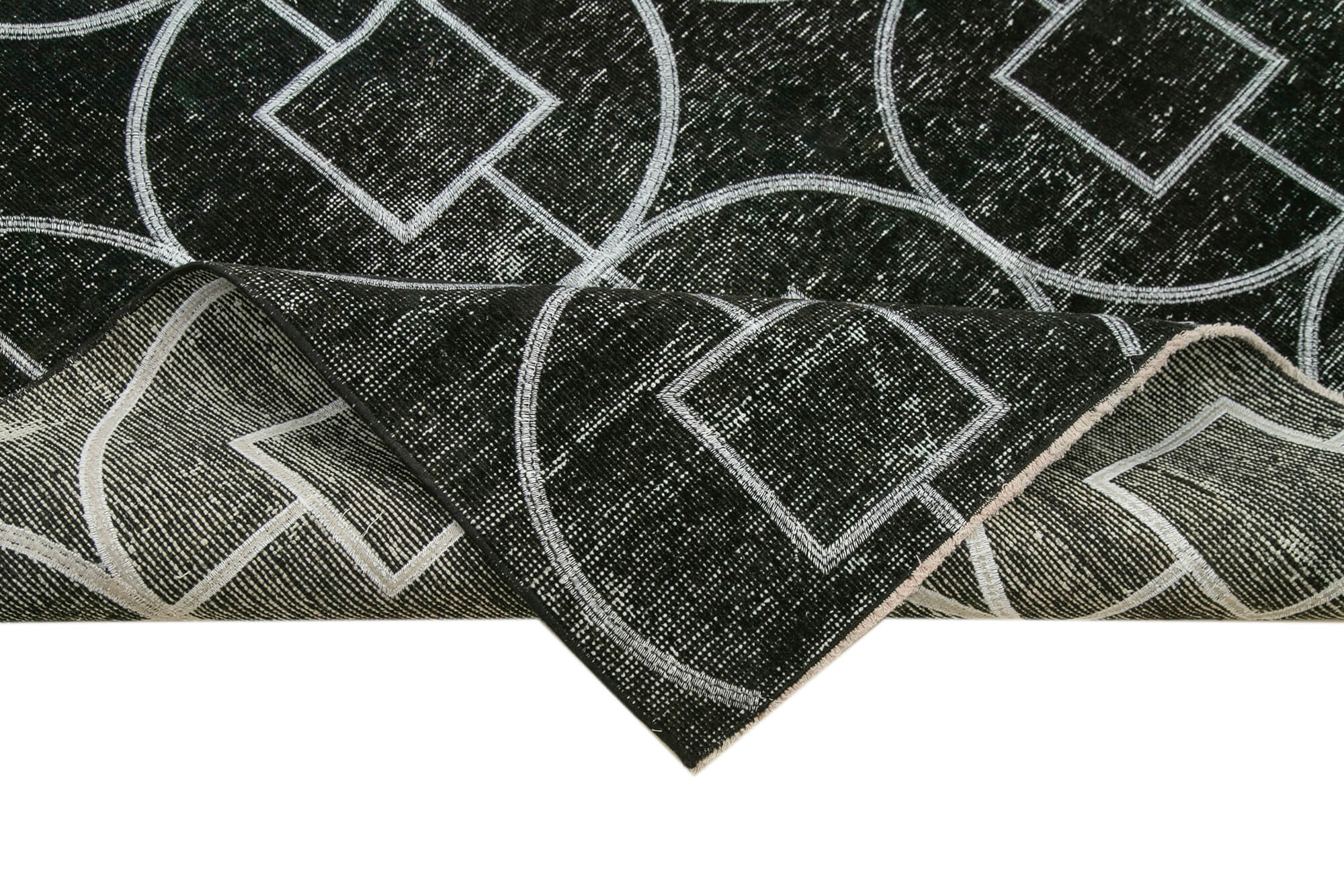 Handmade Geometric Rug – Black Cotton Wool Area Rug 4'6" x 12'10" | Vintage Turkish Carpet
