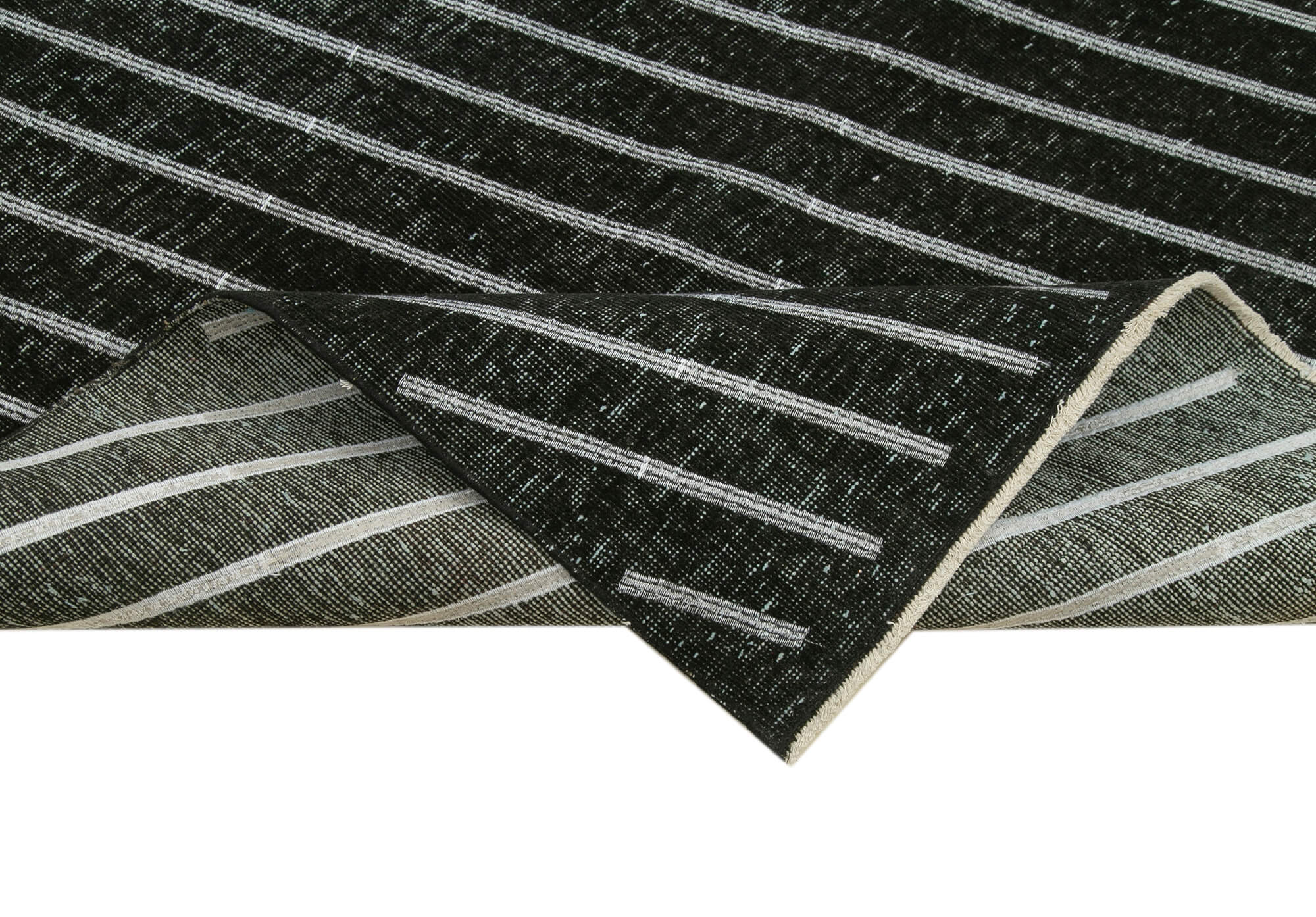 Handmade Geometric Rug - Black Cotton Wool Area Rug 4'11''x13'1'' | Vintage Turkish Carpet