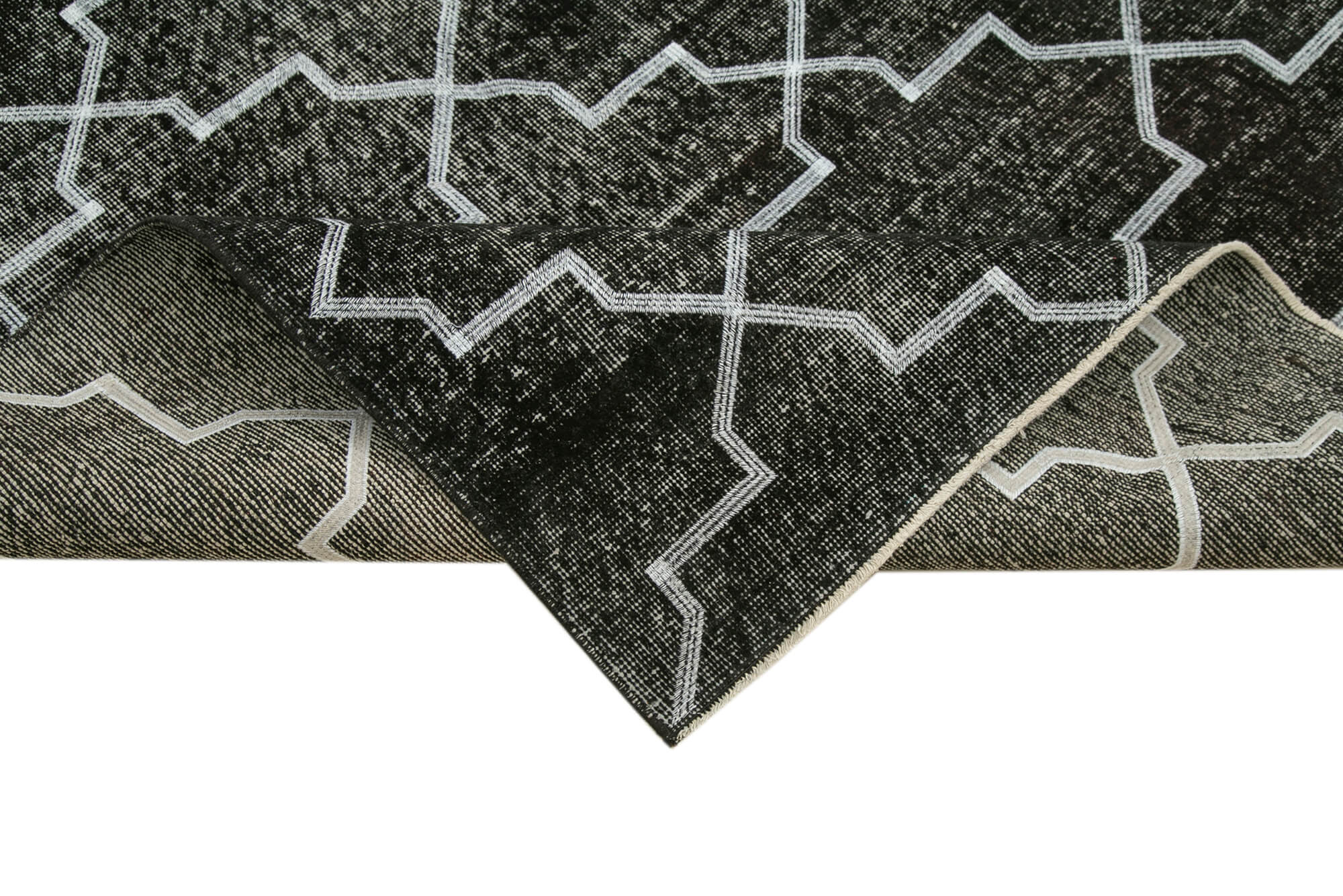 Handmade Geometric Rug – Black Area Rug Cotton Wool Carpet 4'10'' x 12'7''