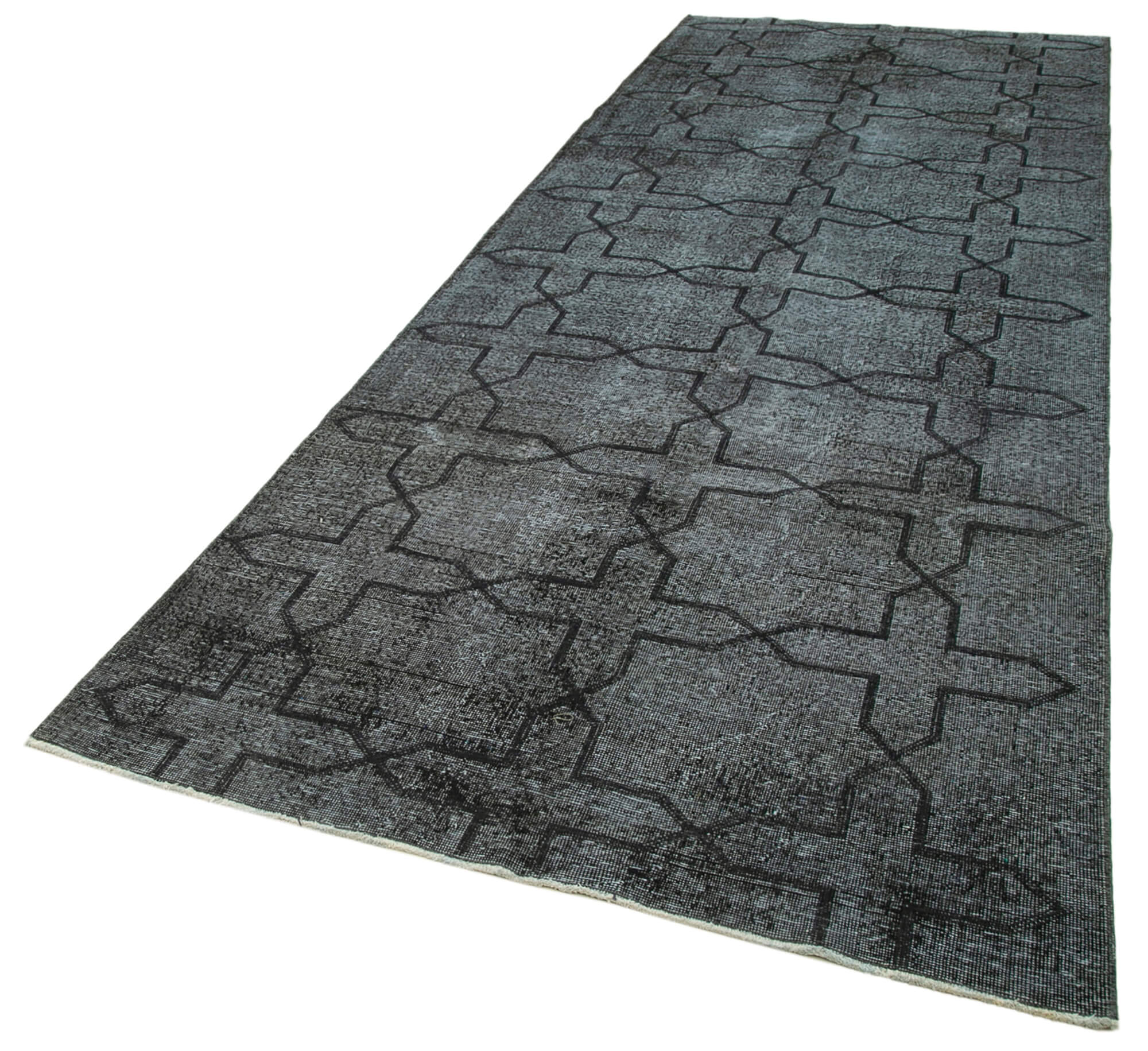 Handmade Geometric Rug – Black Cotton Wool Blend Area Rug 4'7''x12'8'' | Vintage Turkish