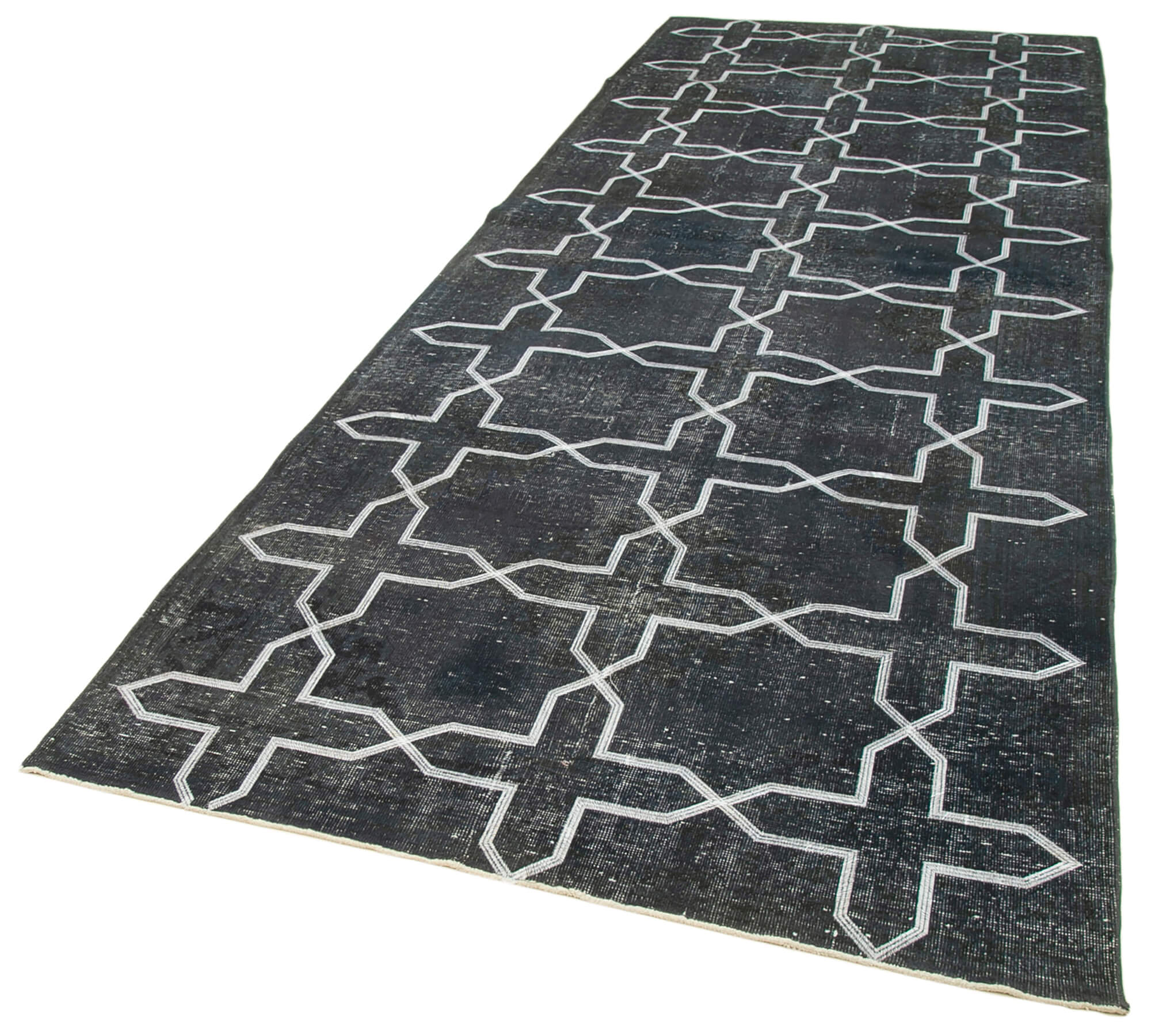 Handmade Geometric Rug – Black Area Rug Cotton Wool, Vintage Handwoven Carpet 4'8''x13'1''