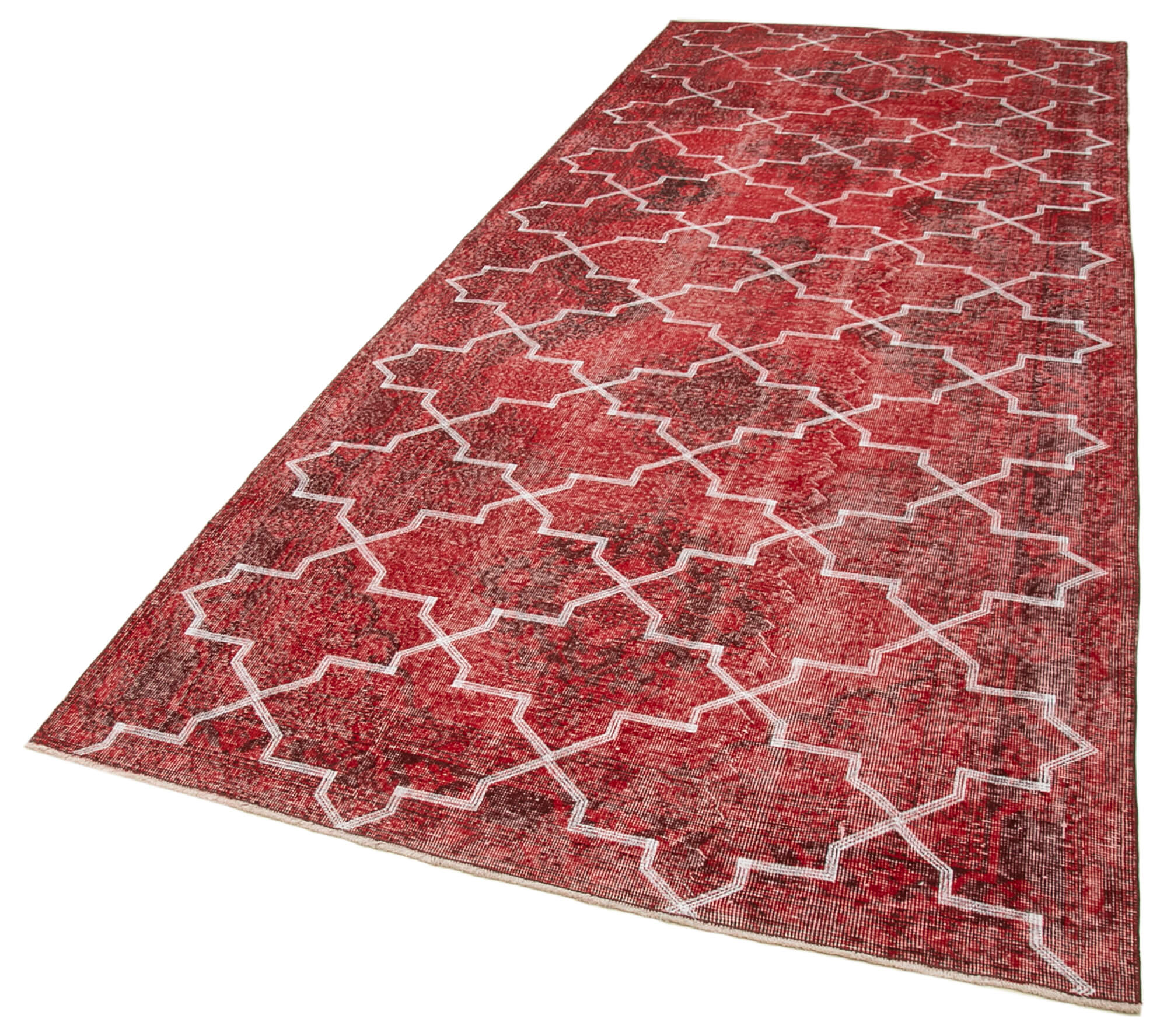Handmade Geometric Rug - Red Area Rug Cotton Wool Carpet 4'9''x12'6'' Flat Weave