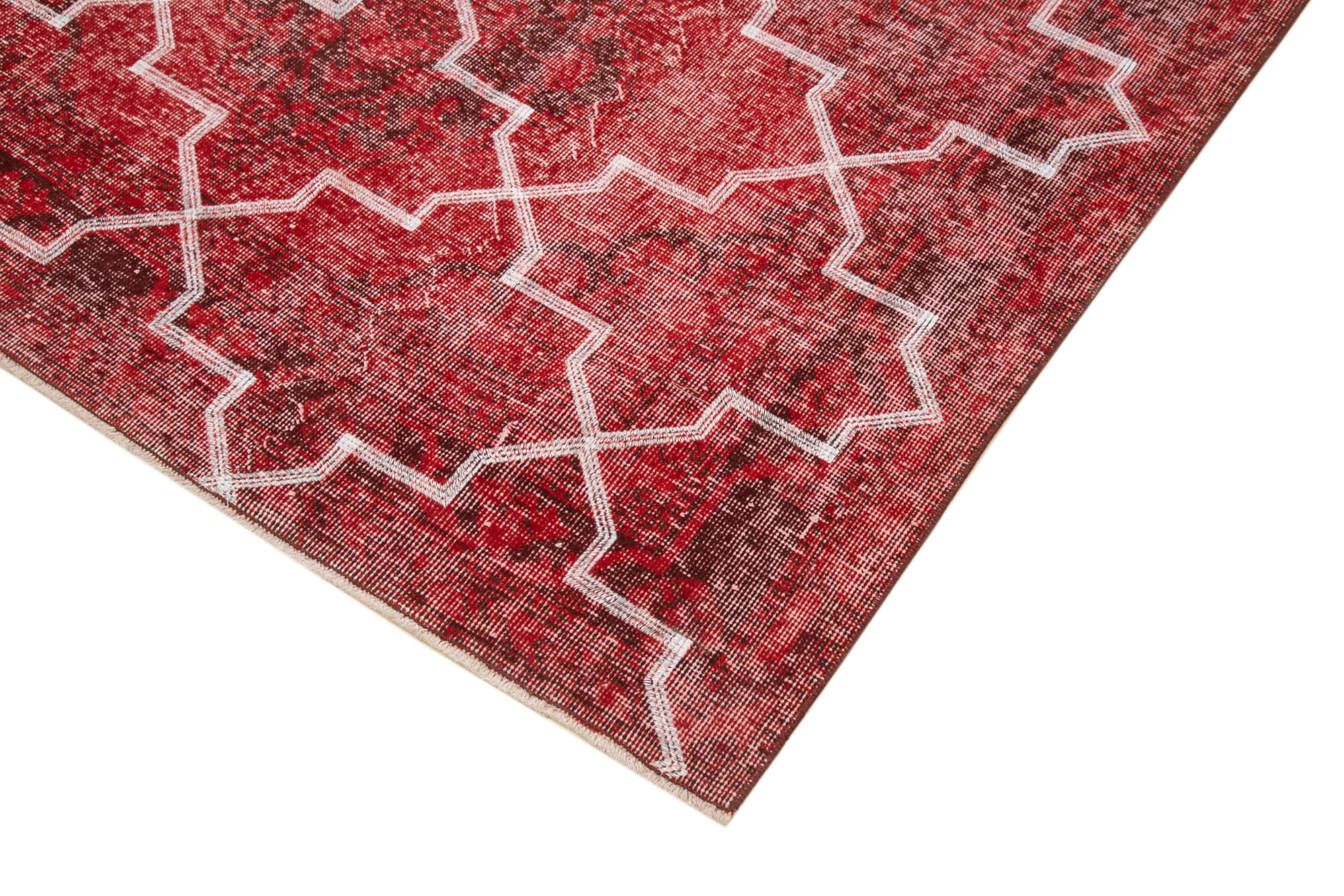 Handmade Geometric Rug - Red Area Rug Cotton Wool Carpet 4'9''x12'6'' Flat Weave