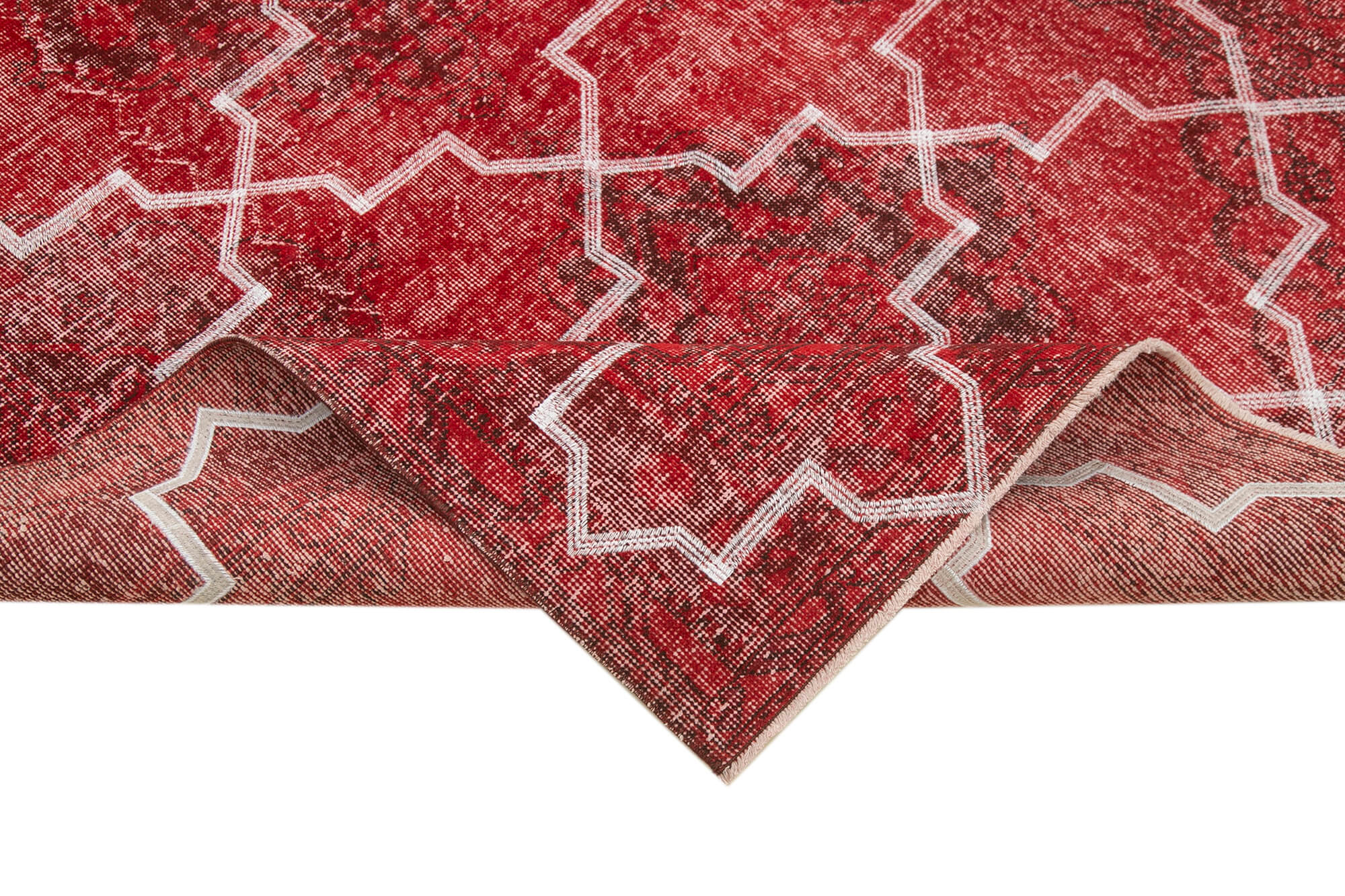 Handmade Geometric Rug - Red Area Rug Cotton Wool Carpet 4'9''x12'6'' Flat Weave