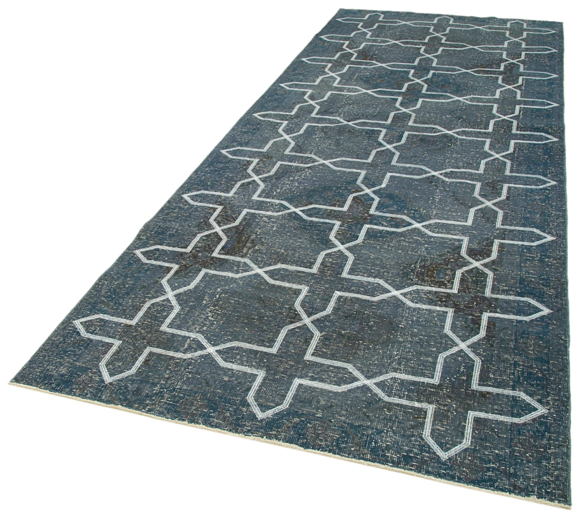 Handmade Wool Area Rug – Grey Geometric Cotton Wool Blend, 4'6'' x 12'2'' Durable Floor Covering