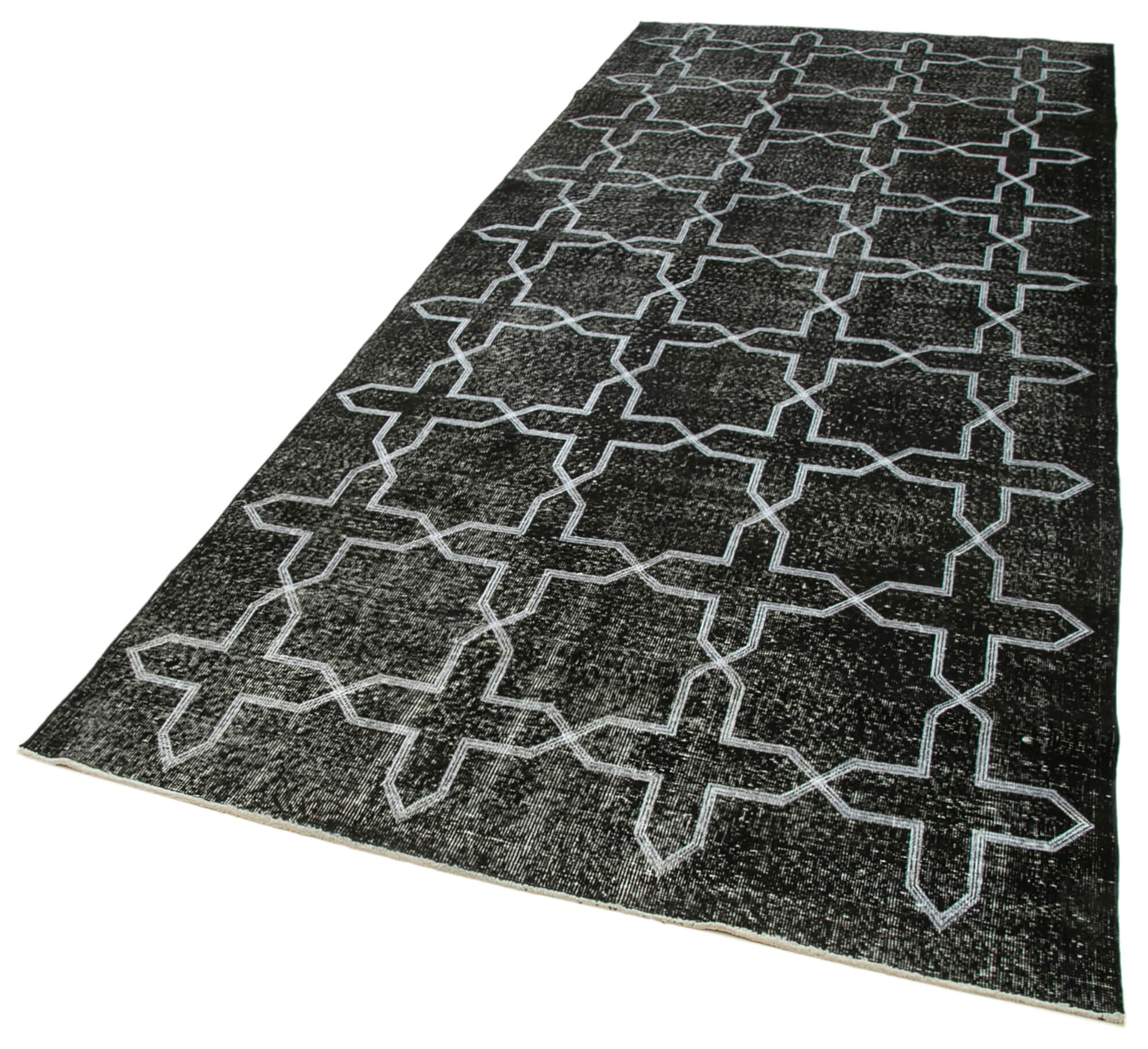 Handmade Geometric Rug – Black Cotton Wool Blend Area Rug 4'8" x 12'2" Flat Weave