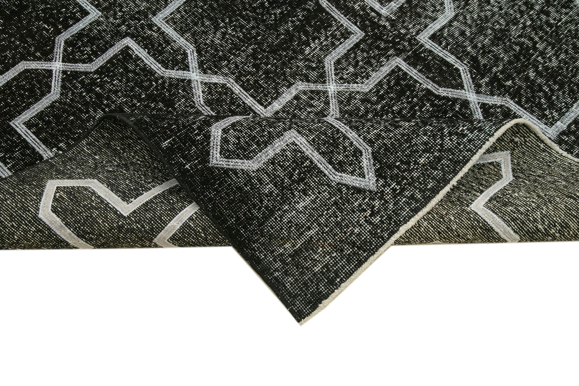 Handmade Geometric Rug – Black Cotton Wool Blend Area Rug 4'8" x 12'2" Flat Weave