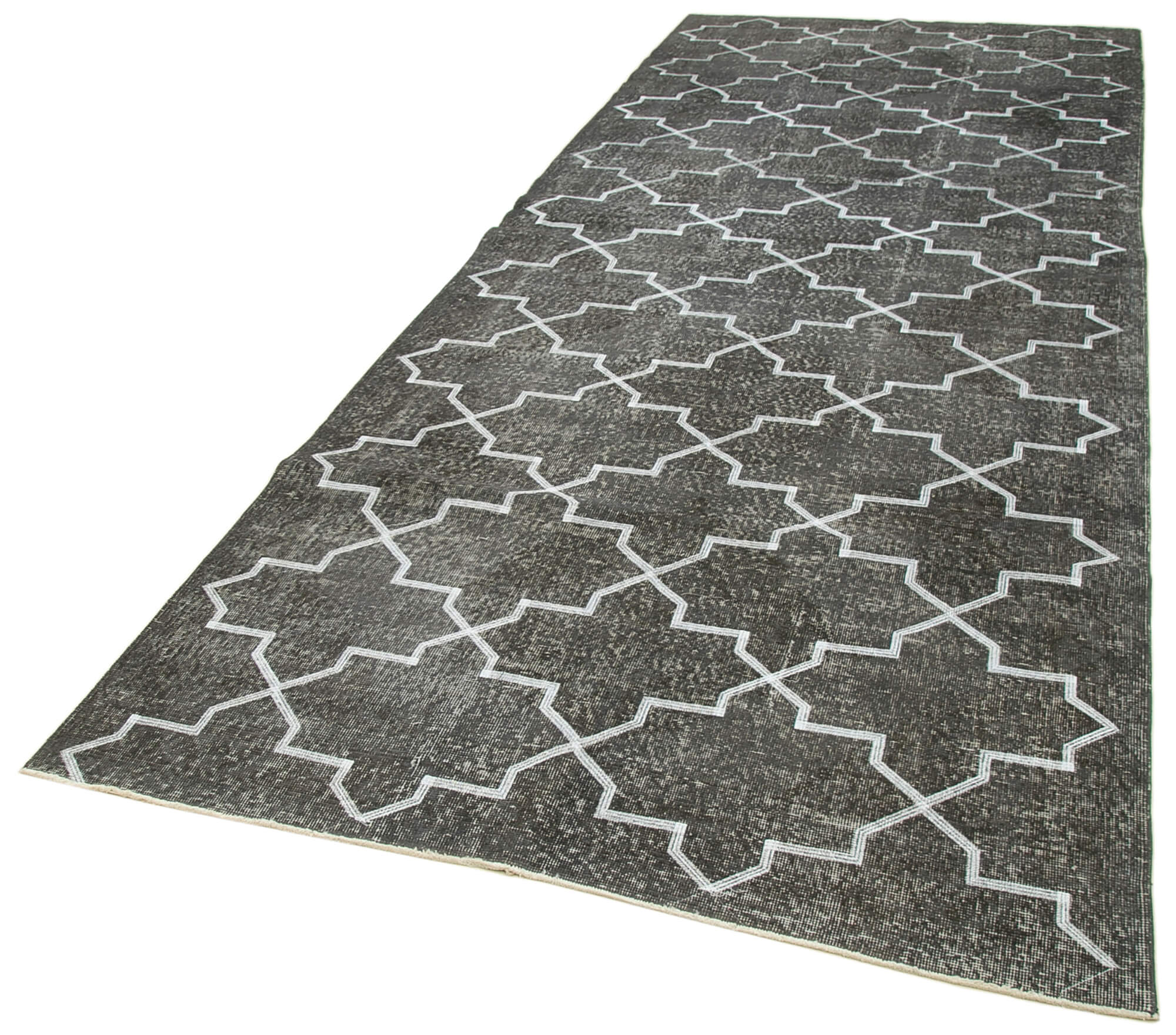 Handmade Area Rug - Grey Geometric Carpet 4x12 Feet Wool Cotton Blend Rug