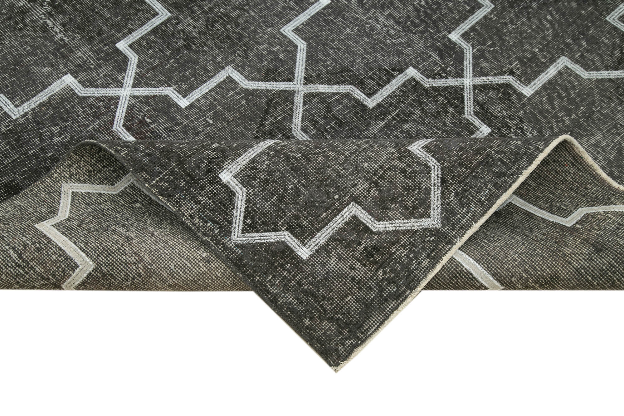 Handmade Area Rug - Grey Geometric Carpet 4x12 Feet Wool Cotton Blend Rug