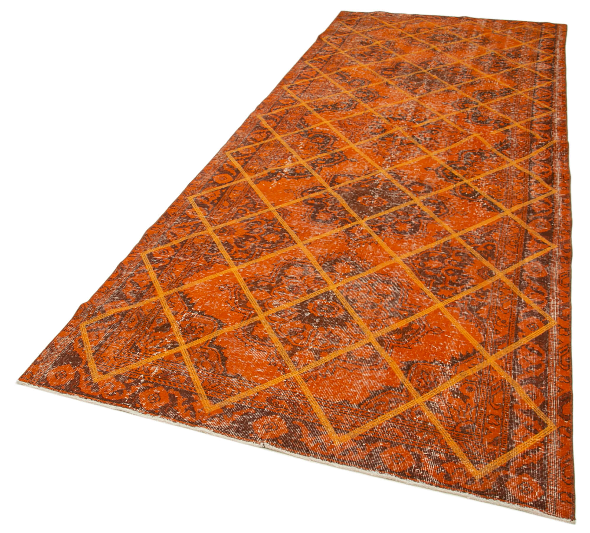 Handmade Wool Area Rug - Orange Geometric Cotton Wool Carpet 4'8'' x 12'4''