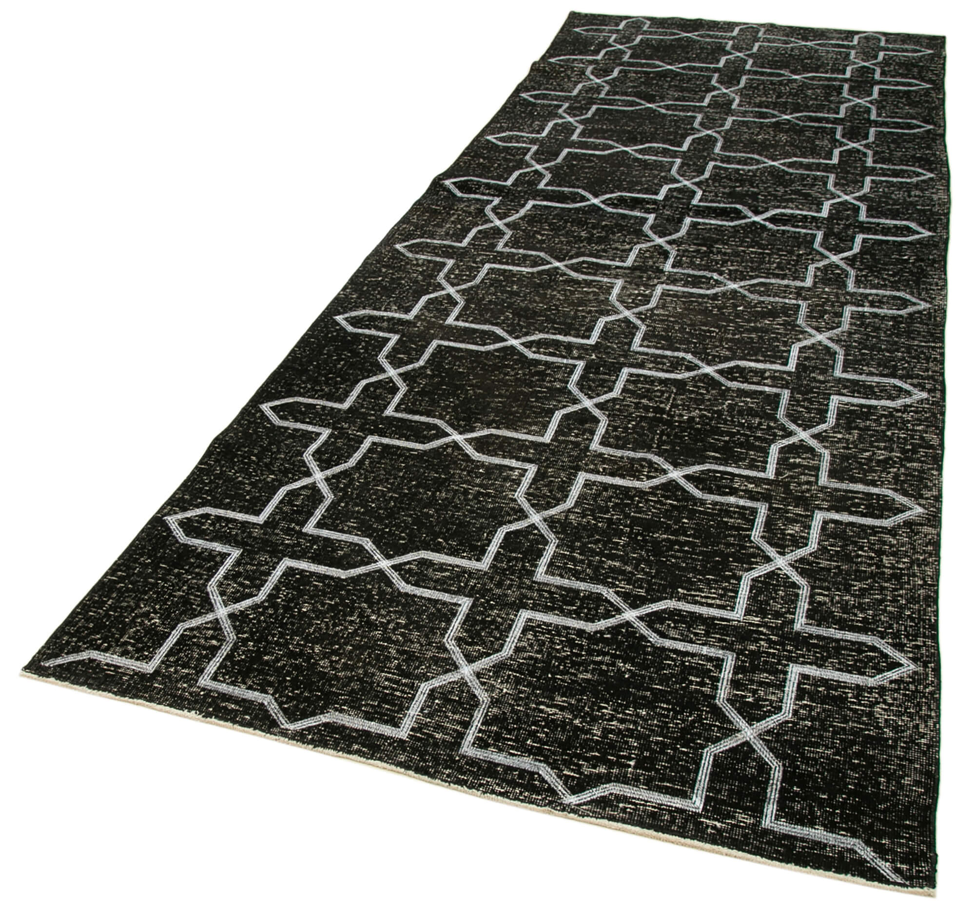Handmade Wool Area Rug – Black Geometric Cotton Wool Carpet, Durable Soft Texture 4'7''x12'7''