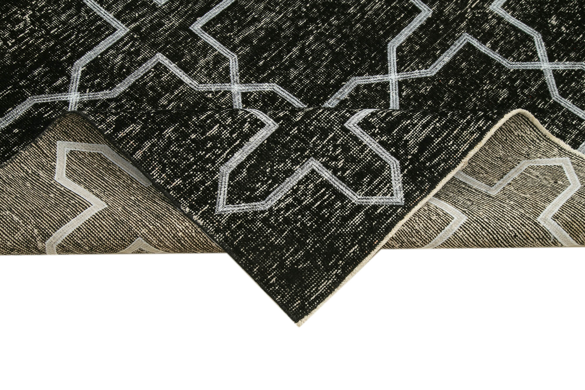 Handmade Wool Area Rug – Black Geometric Cotton Wool Carpet, Durable Soft Texture 4'7''x12'7''
