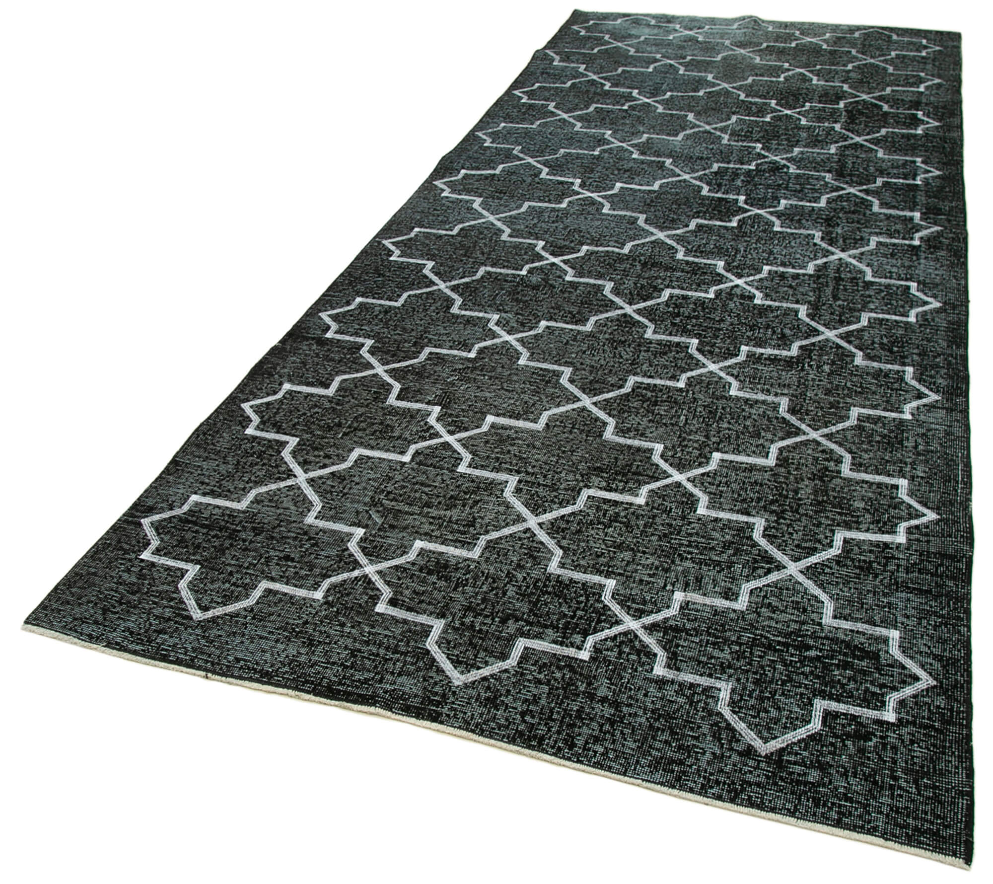 Handmade Geometric Rug – Black Cotton Wool Area Rug 4'11'' x 12'2'' | Vintage Turkish Carpet