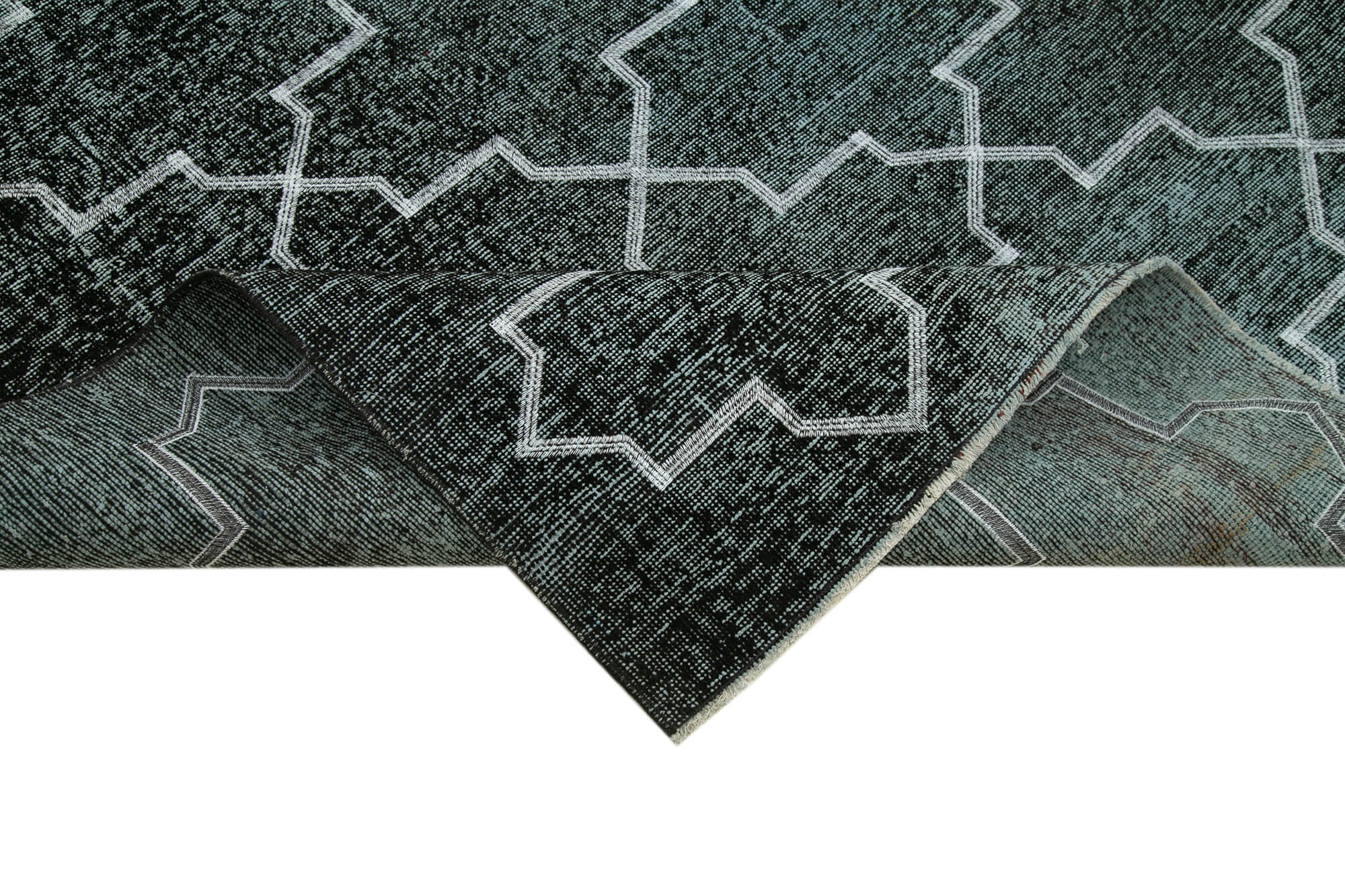 Handmade Geometric Rug – Black Cotton Wool Area Rug 4'11'' x 12'2'' | Vintage Turkish Carpet