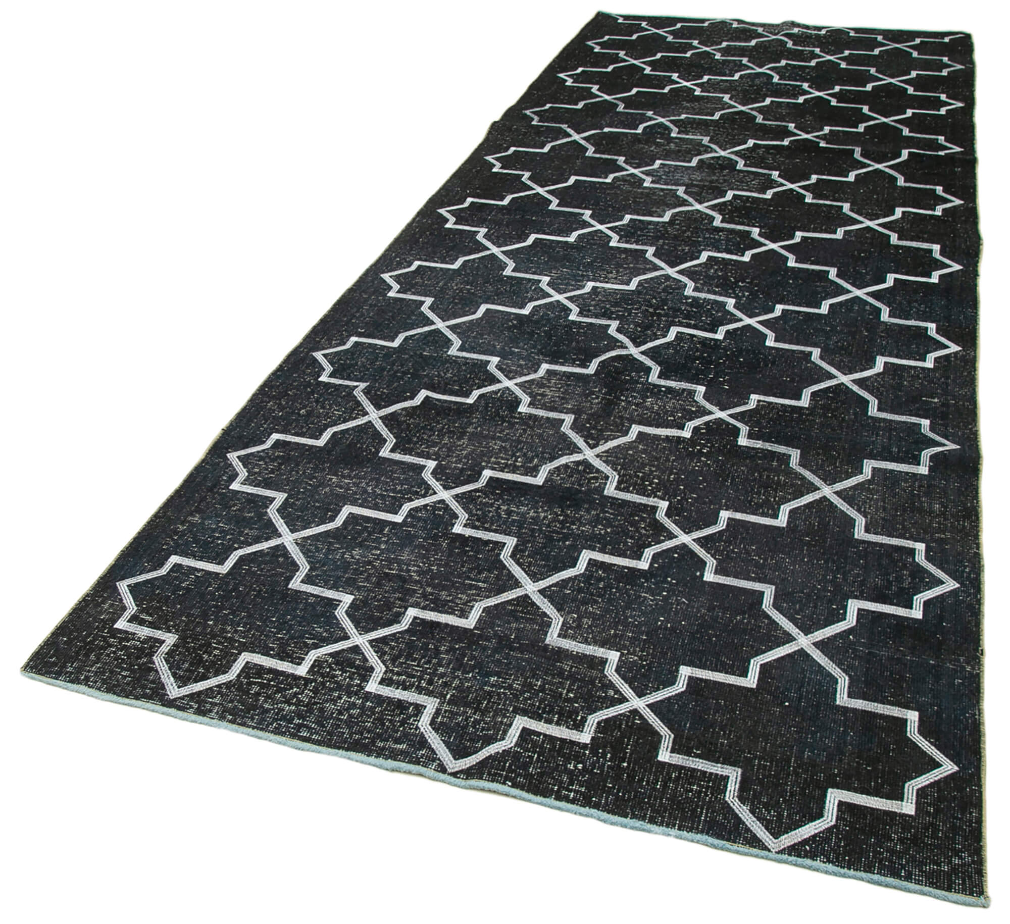 Handmade Area Rug – Black Geometric Carpet Cotton Wool Rug 4'7''x12'6''