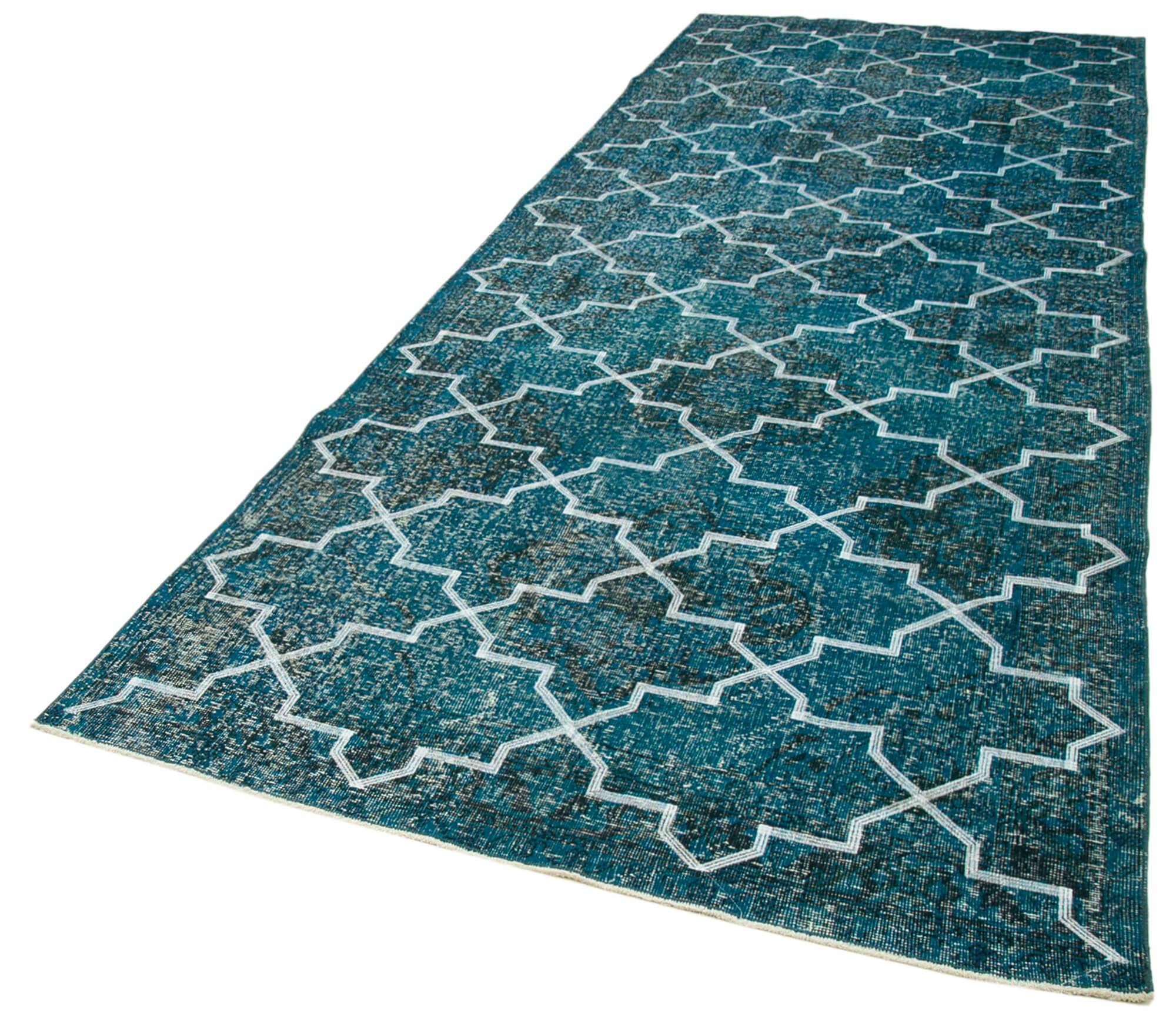 Handmade Geometric Rug – Turquoise Area Rug With Wool Cotton Blend 5'0" x 12'9"