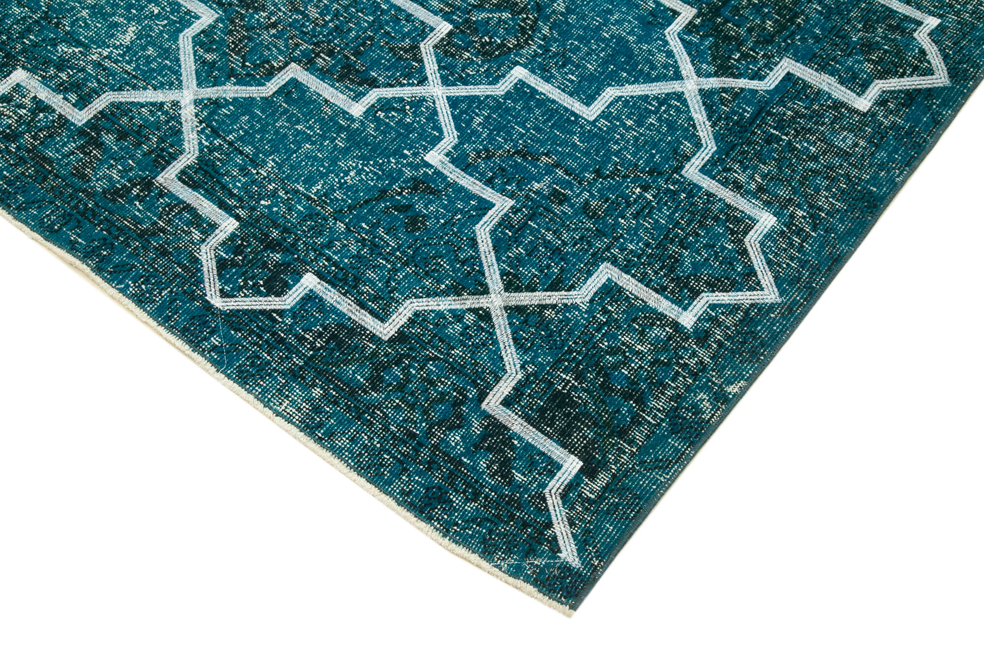Handmade Geometric Rug – Turquoise Area Rug With Wool Cotton Blend 5'0" x 12'9"