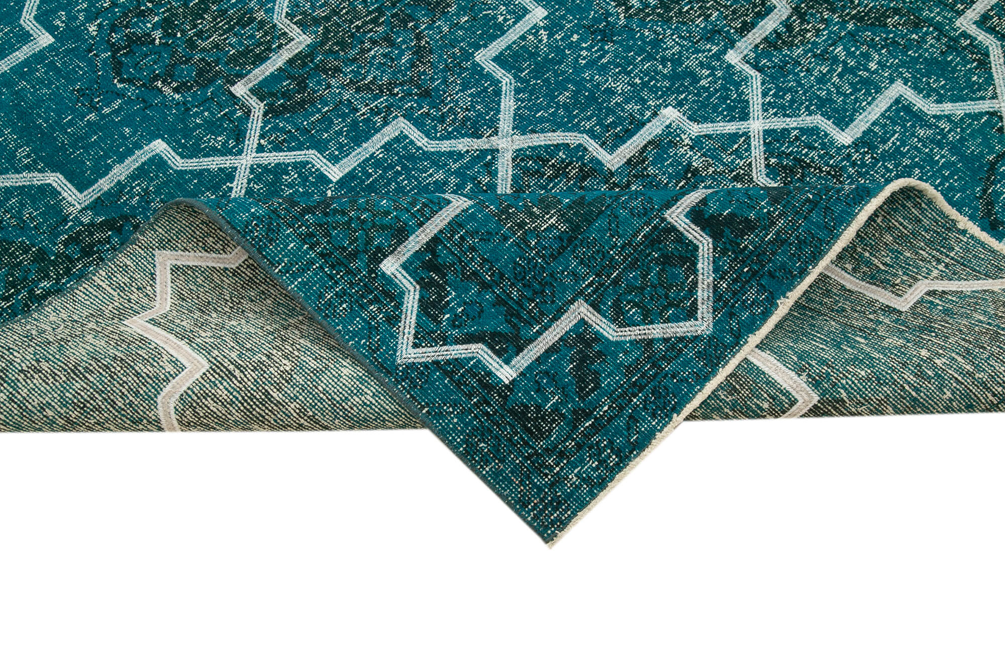 Handmade Geometric Rug – Turquoise Area Rug With Wool Cotton Blend 5'0" x 12'9"