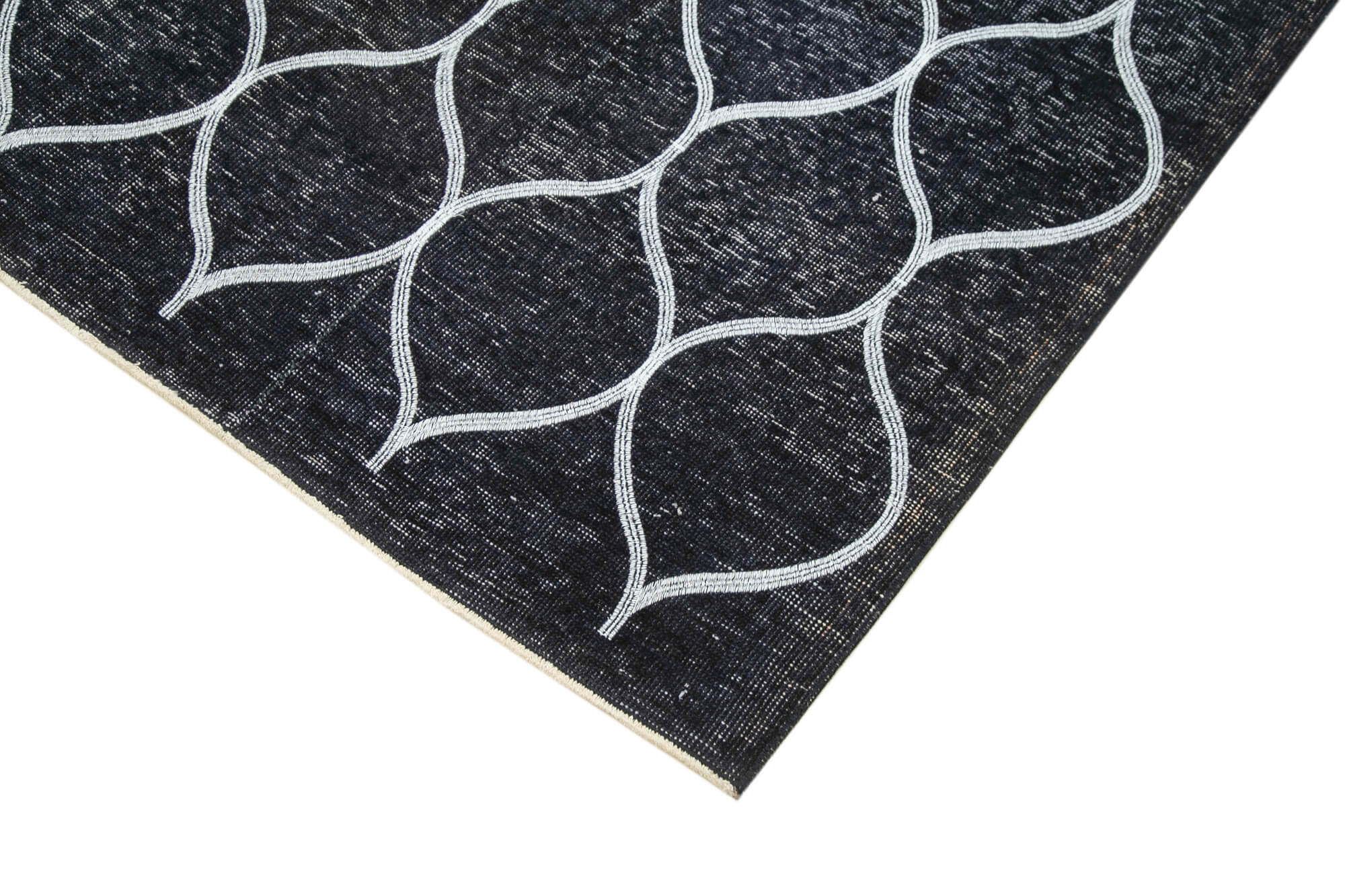 Handmade Geometric Rug – Black Area Rug with Cotton Wool Carpet Blend 4'10''x12'2''