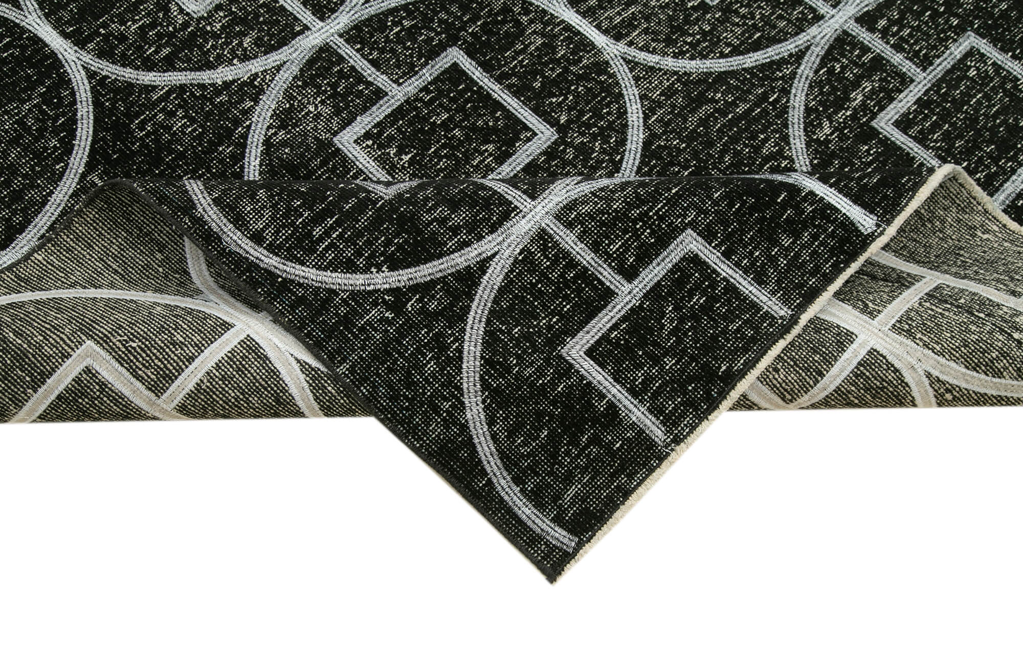 Handmade Geometric Rug – Black Area Rug With Natural Wool Carpet, 4'8''x12'9''