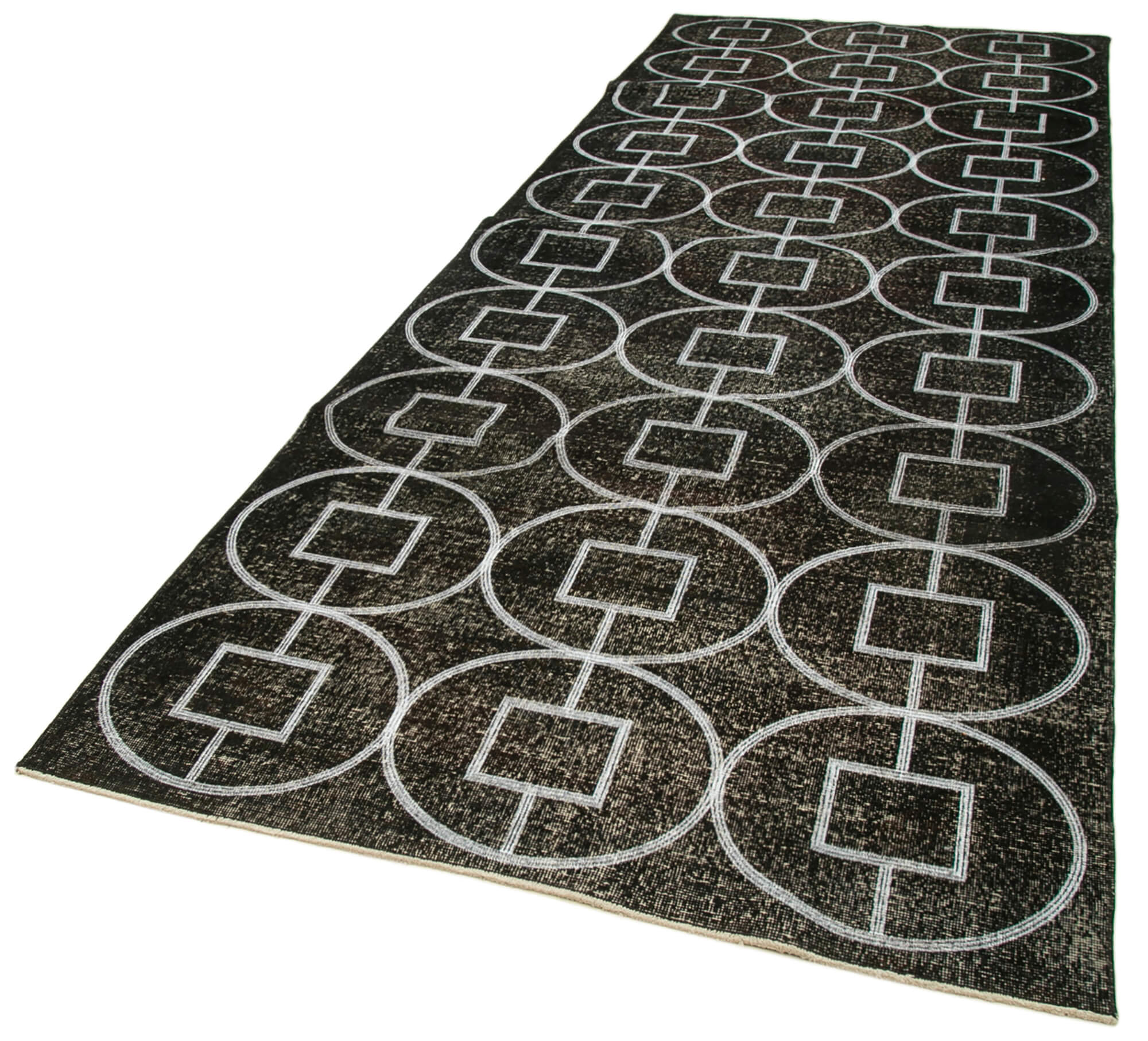 Handmade Geometric Rug | Black Area Rug 4x10 Cotton Wool Carpet - Turkish Vintage Style