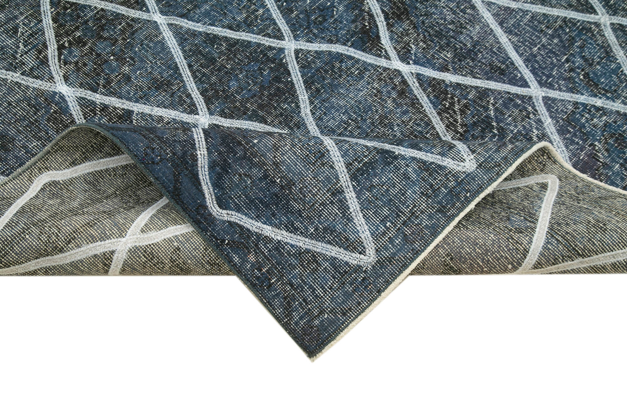 Handmade Geometric Rug – Blue Area Rug With Cotton Wool Carpet 4'8''x12'0''