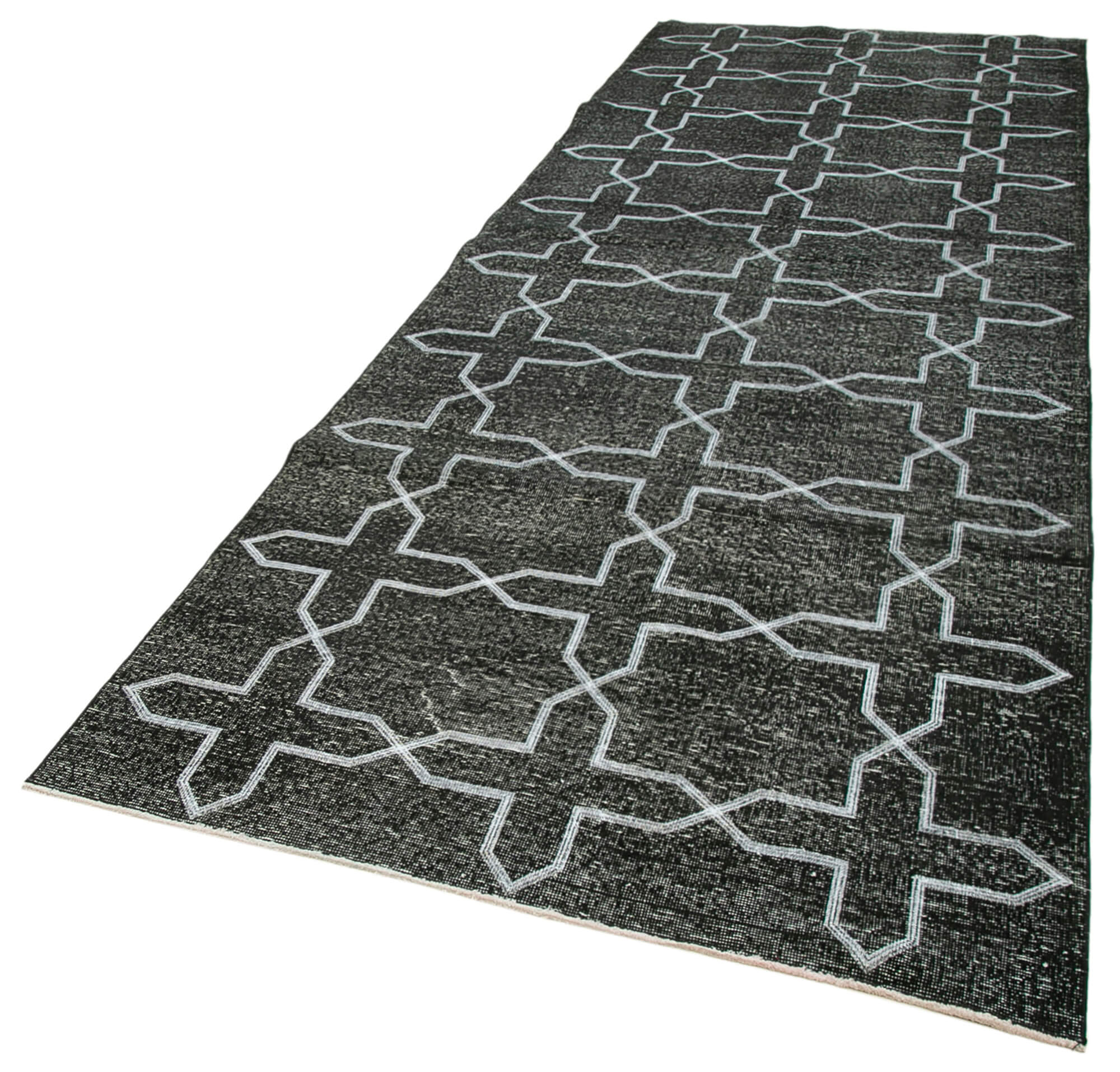 Handmade Geometric Rug – Black Cotton Wool Area Rug 4'6" x 13'2" Durable Wool Carpet