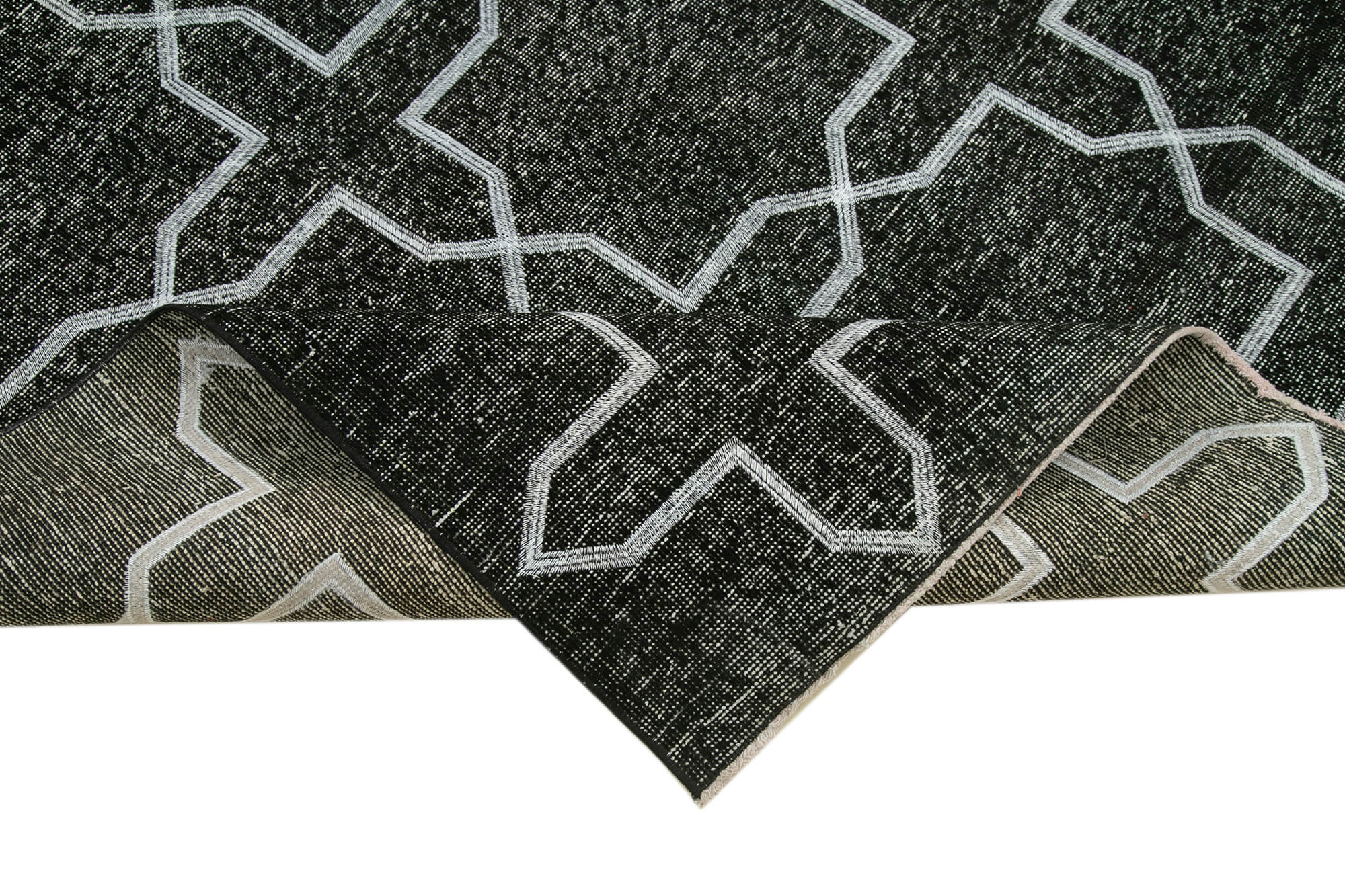 Handmade Geometric Rug – Black Cotton Wool Area Rug 4'6" x 13'2" Durable Wool Carpet