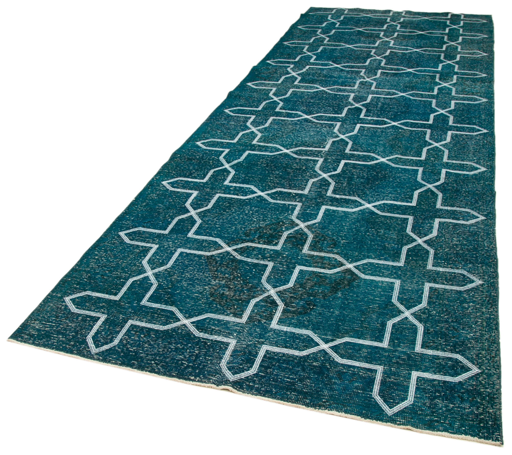 Handmade Geometric Rug - Turquoise Area Rug Cotton Wool Carpet 4'7" x 13'2"