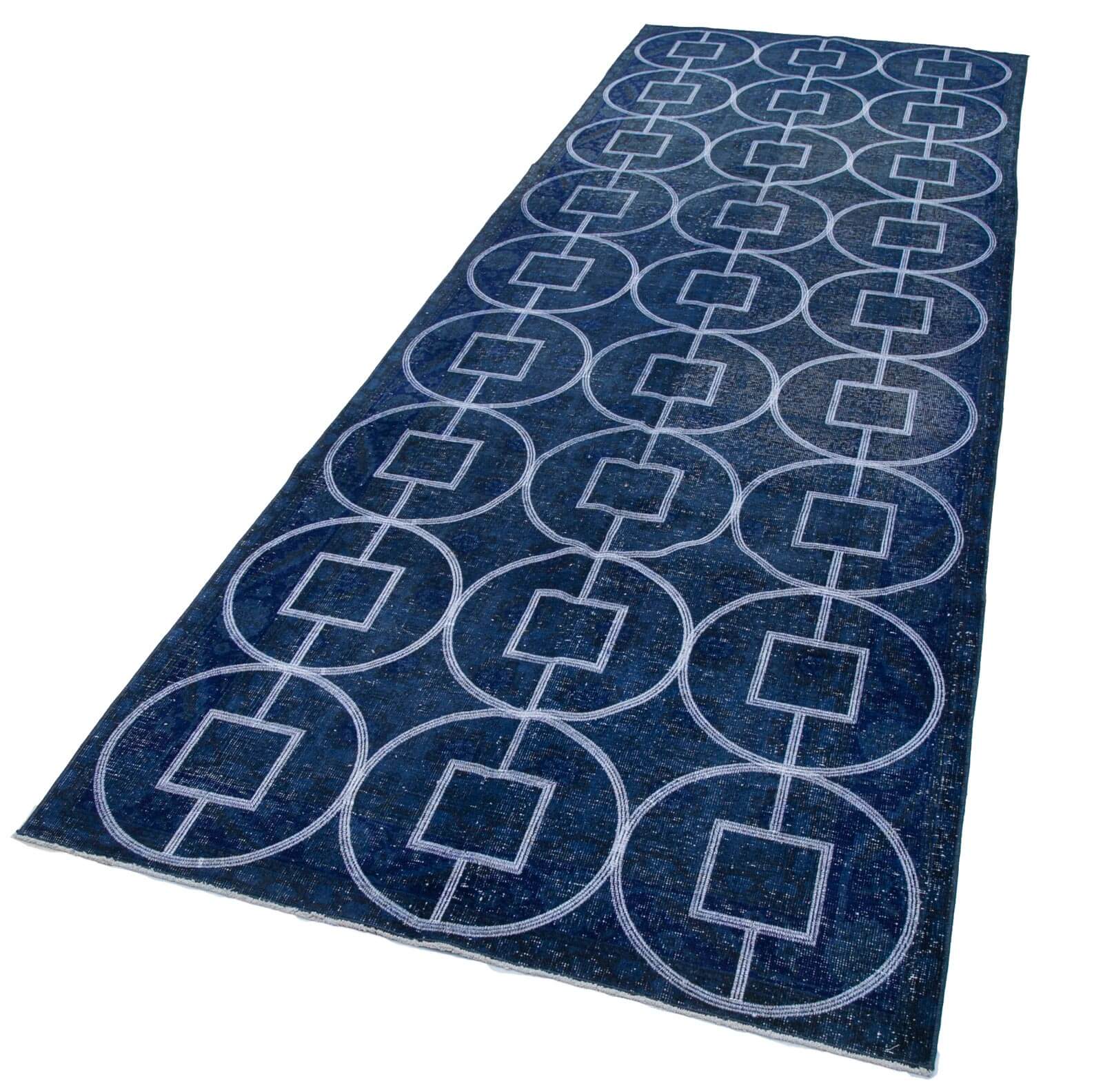 Handmade Wool Area Rug – Blue Geometric Vintage Style Carpet, Cotton Wool Carpet 4'2''x11'11''