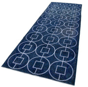 Handmade Wool Area Rug – Blue Geometric Vintage Style Carpet, Cotton Wool Carpet 4'2''x11'11''