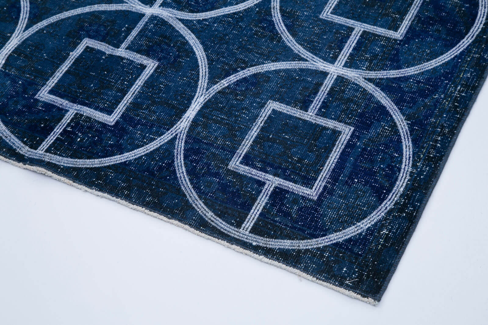 Handmade Wool Area Rug – Blue Geometric Vintage Style Carpet, Cotton Wool Carpet 4'2''x11'11''