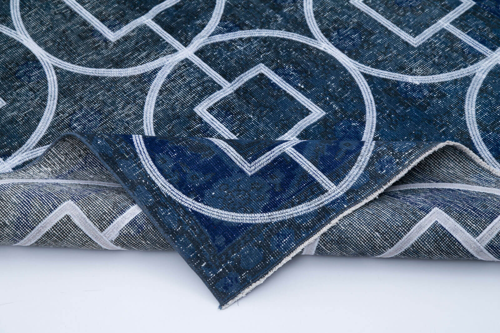 Handmade Wool Area Rug – Blue Geometric Vintage Style Carpet, Cotton Wool Carpet 4'2''x11'11''