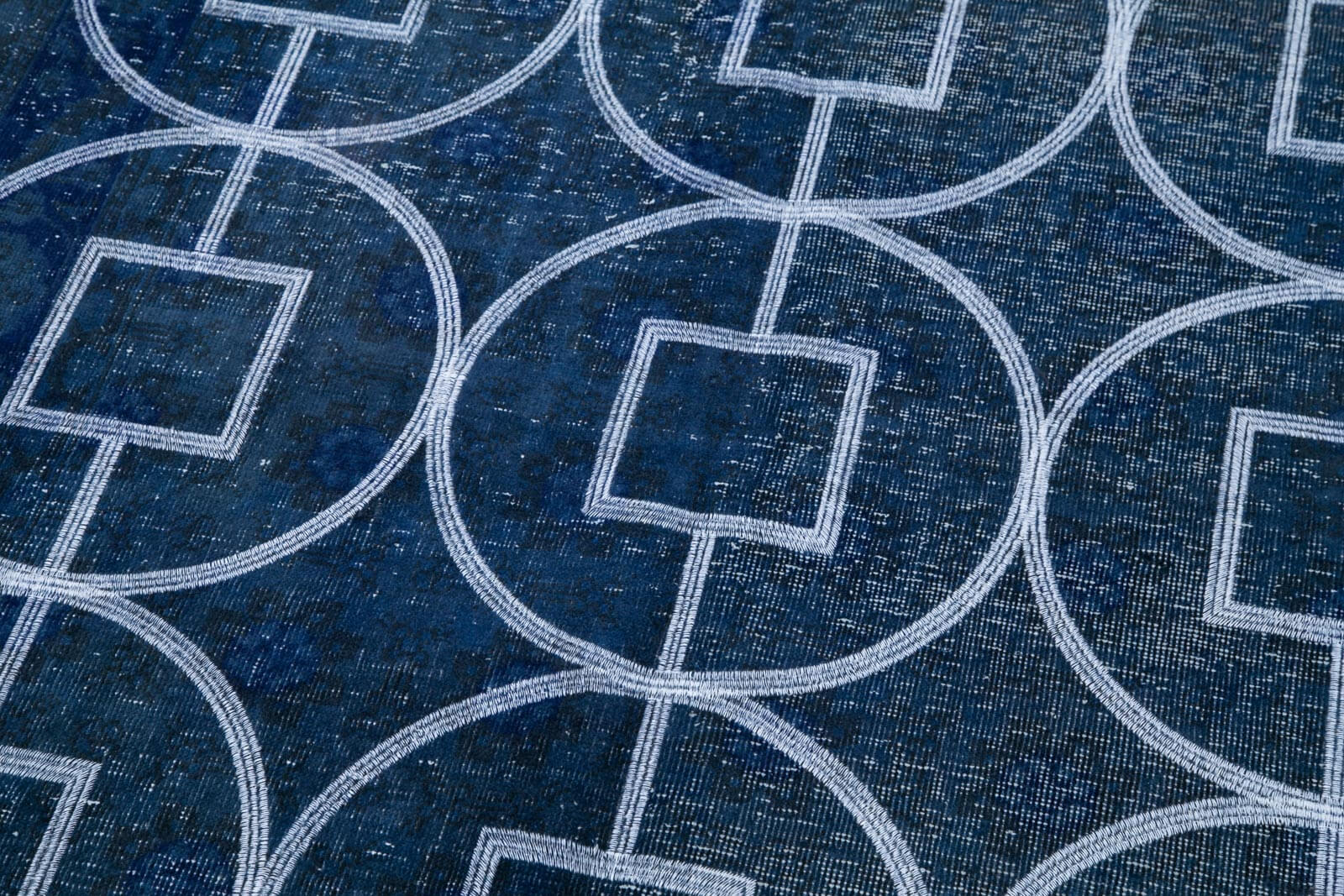Handmade Wool Area Rug – Blue Geometric Vintage Style Carpet, Cotton Wool Carpet 4'2''x11'11''