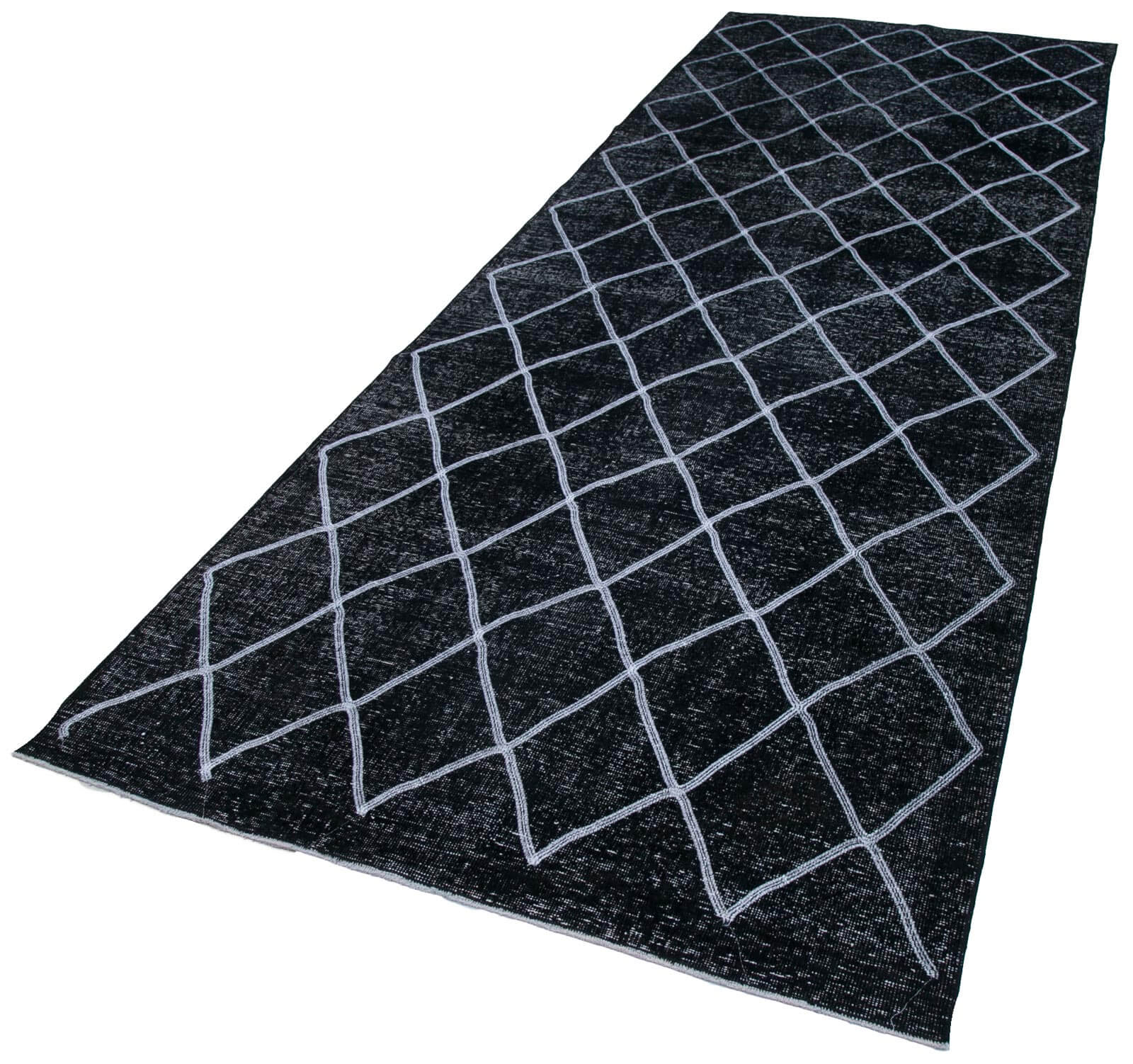 Handmade Geometric Rug – Black Area Rug Cotton Wool Carpet 4'8" x 12'10"