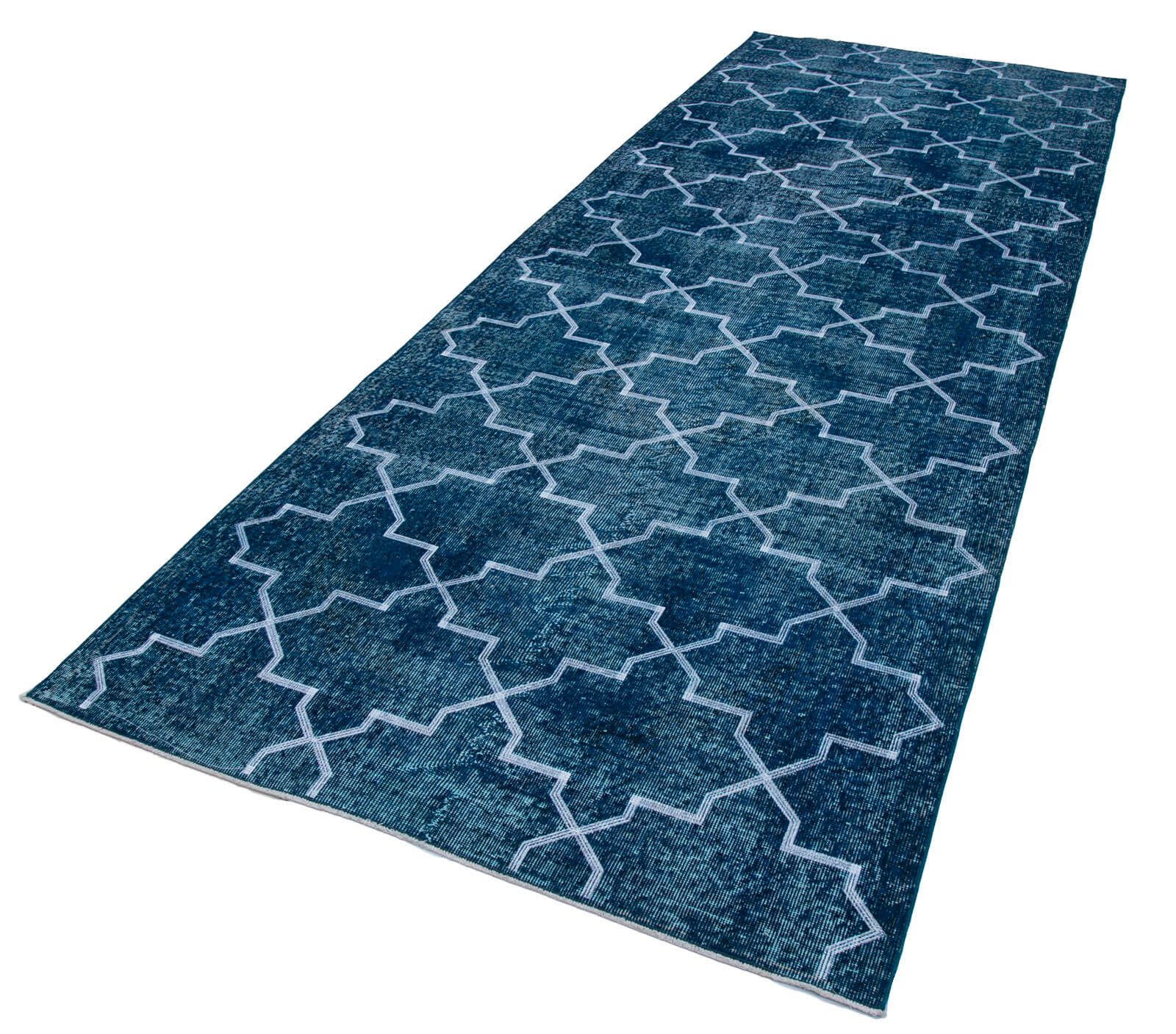 Handmade Geometric Rug - Turquoise Area Rug Cotton Wool Carpet 4'9" x 12'6"