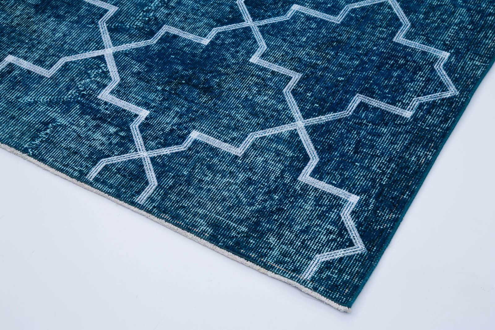 Handmade Geometric Rug - Turquoise Area Rug Cotton Wool Carpet 4'9" x 12'6"