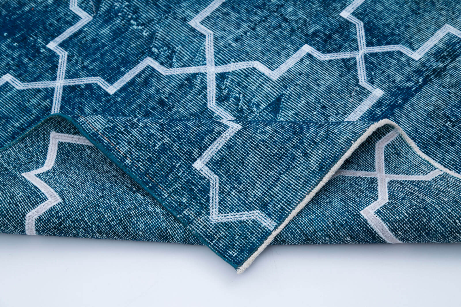 Handmade Geometric Rug - Turquoise Area Rug Cotton Wool Carpet 4'9" x 12'6"