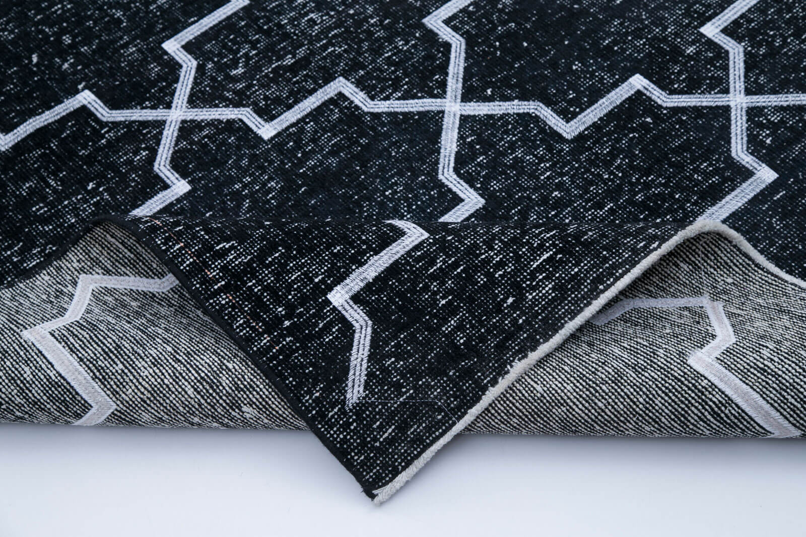 Handmade Geometric Rug - Black Area Rug Cotton Wool Carpet Flat Weave 4'8''x13'