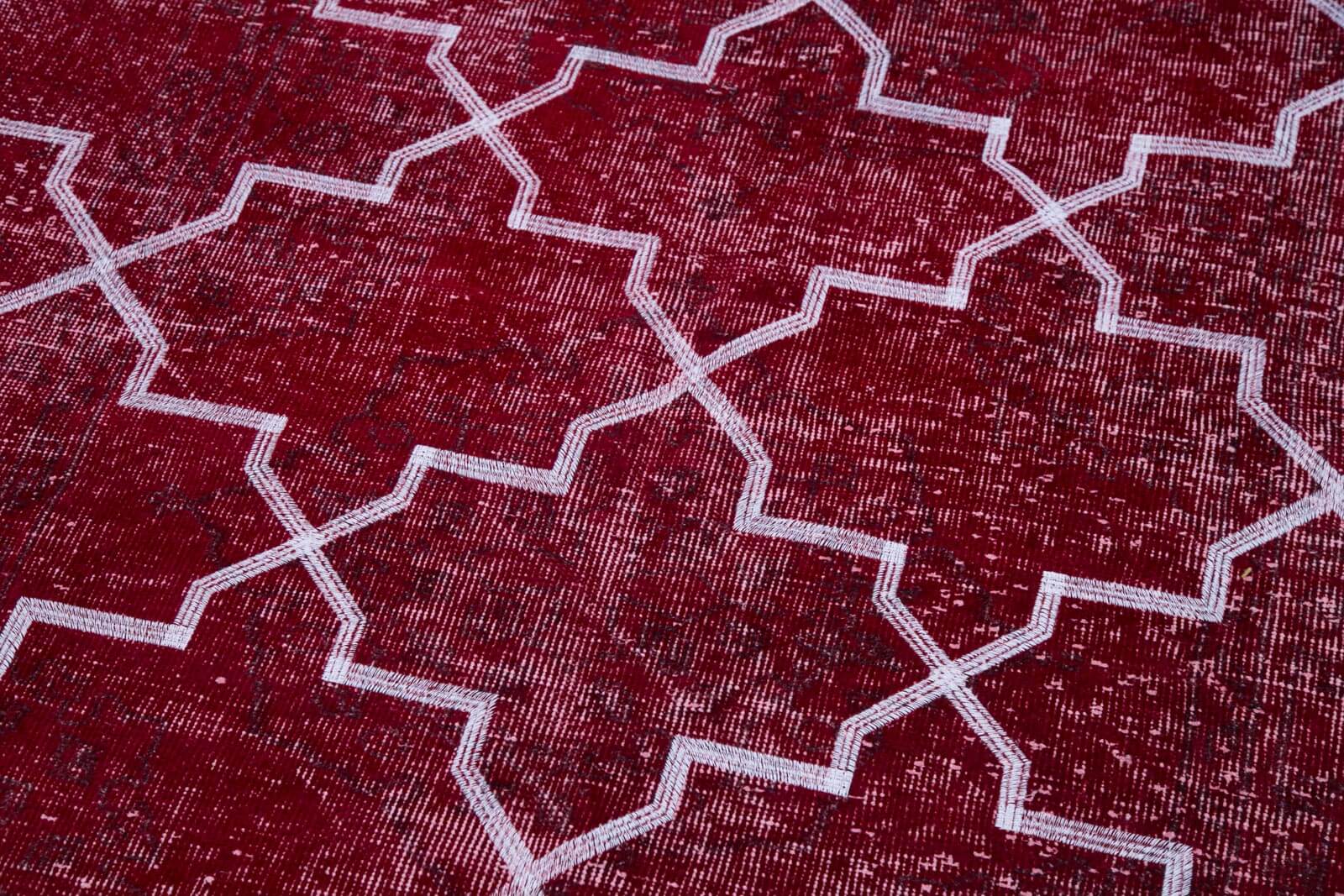 Handmade Geometric Rug – Red Area Rug Cotton Wool Carpet 4'7''x11'3'' Durable Turkish Wool
