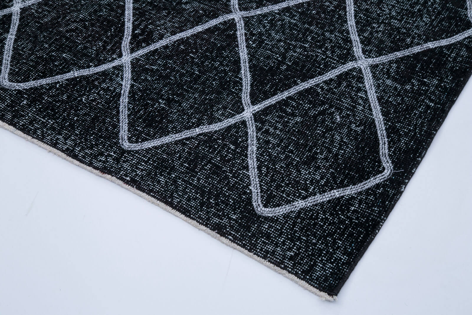 Handmade Wool Area Rug - Black Geometric Cotton Wool Carpet 4'11''x13'8''