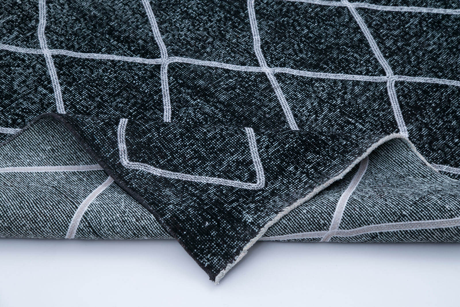Handmade Wool Area Rug - Black Geometric Cotton Wool Carpet 4'11''x13'8''
