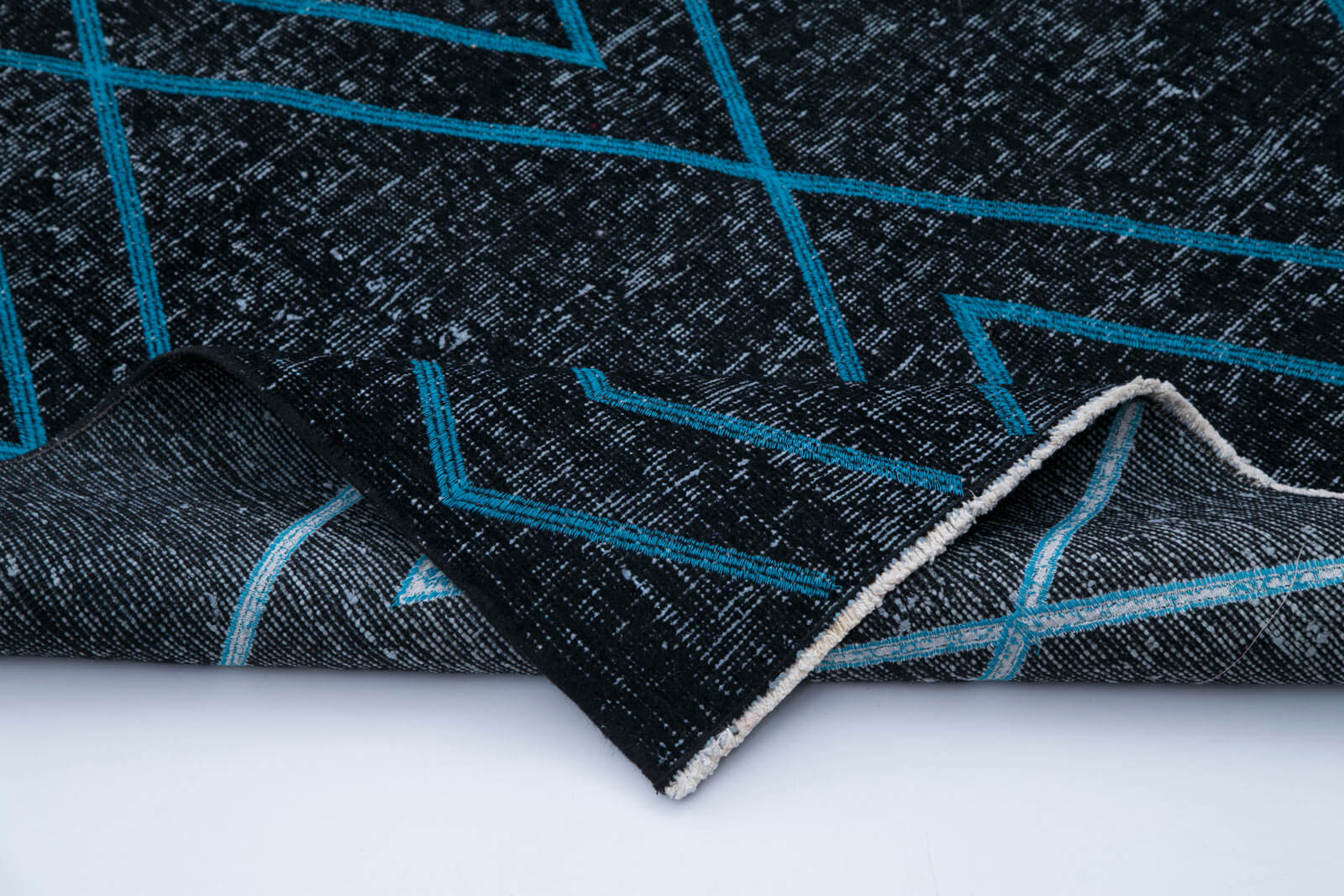Handmade Geometric Rug - Black Cotton Wool Carpet, Vintage Area Rug 4'10''x12'6''