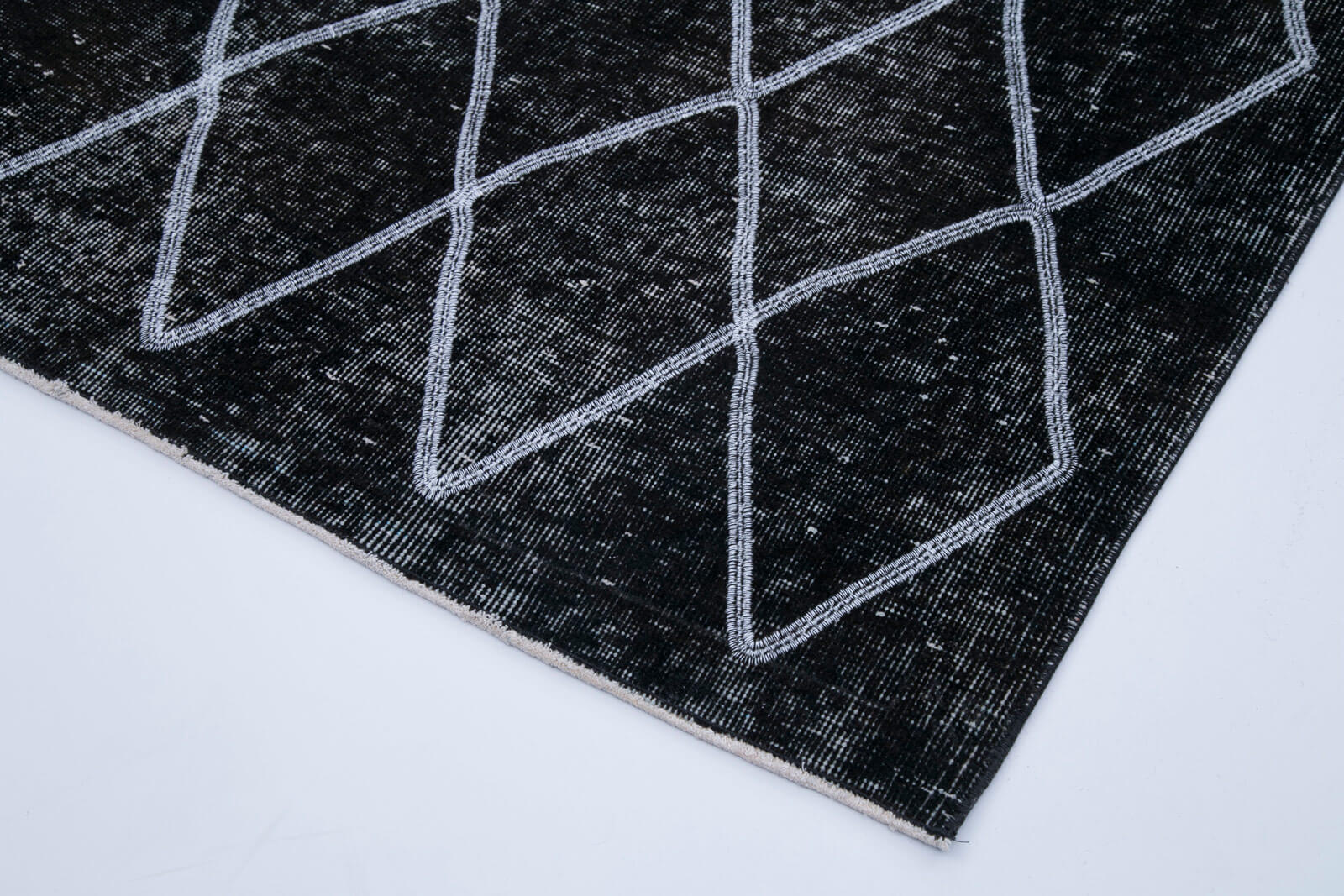 Handmade Geometric Rug - Black Cotton Wool Area Rug 4'10'' x 12'0'' Vintage Turkish